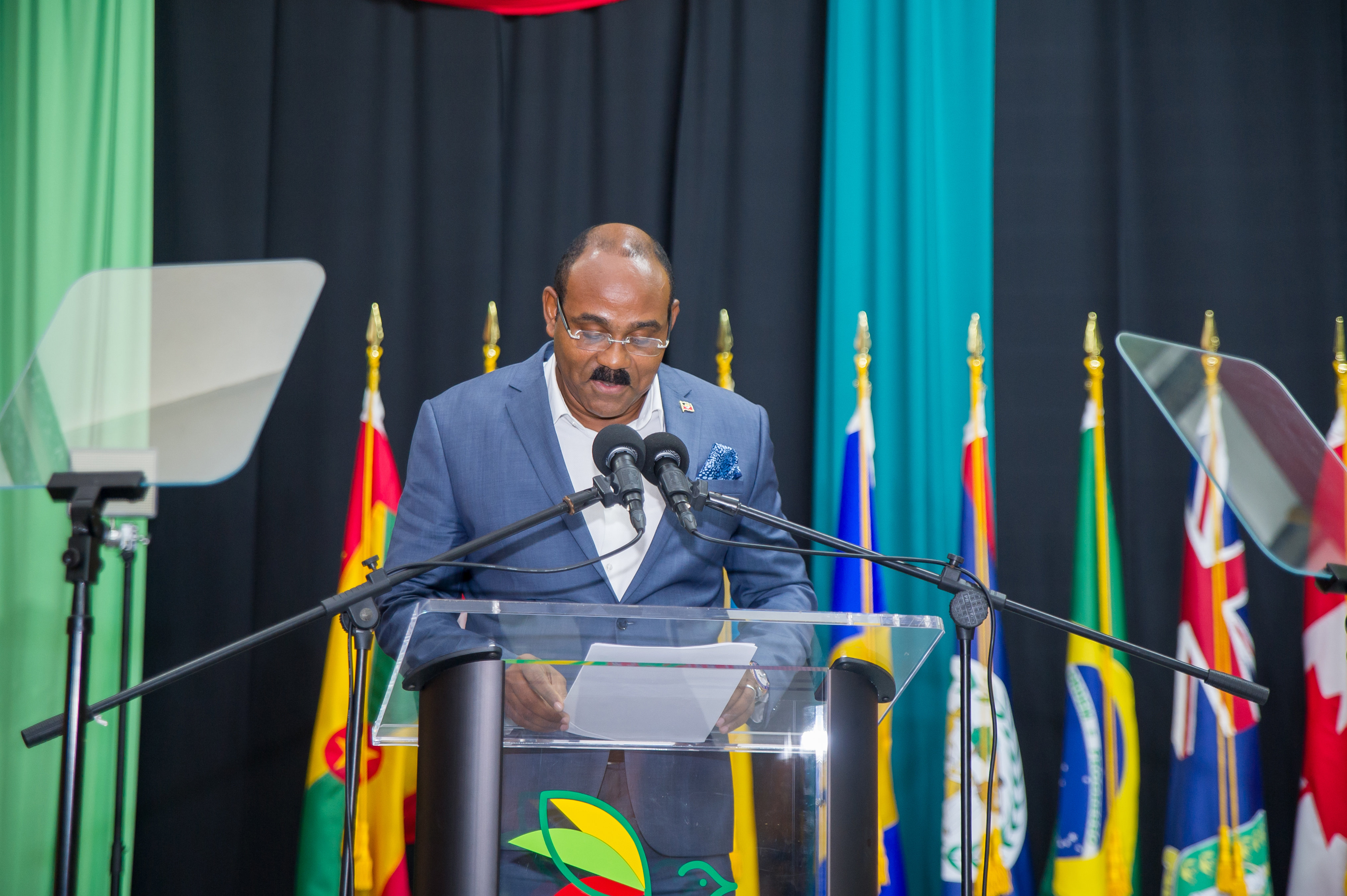The Hon. Gaston Browne, Prime Minister of Antigua and Barbuda, delivers remarks during CDB’s Annual Meeting in Grenada on May 30, 2018.