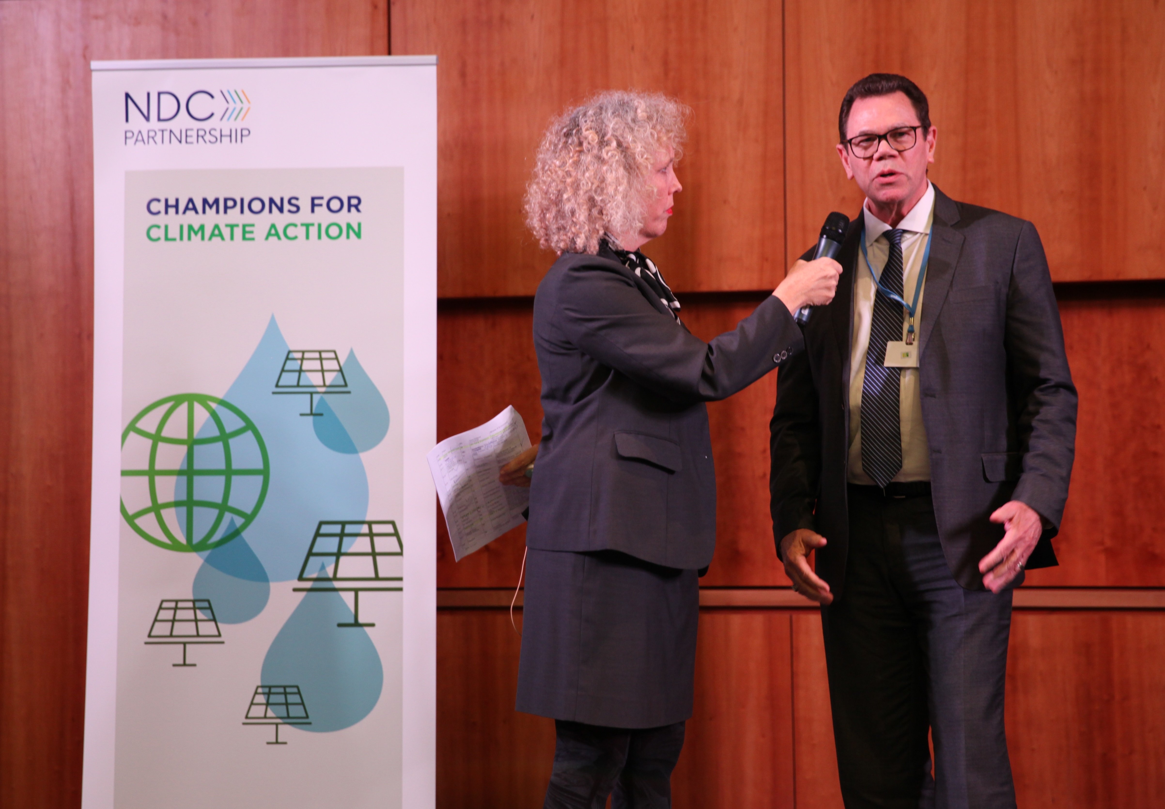 President Smith (right) discusses CDB’s decision to join the NDC Partnership with moderator, Jennifer Morgan (left) at the Champions for Climate Action event on November 14, 2017 in Bonn, Germany.