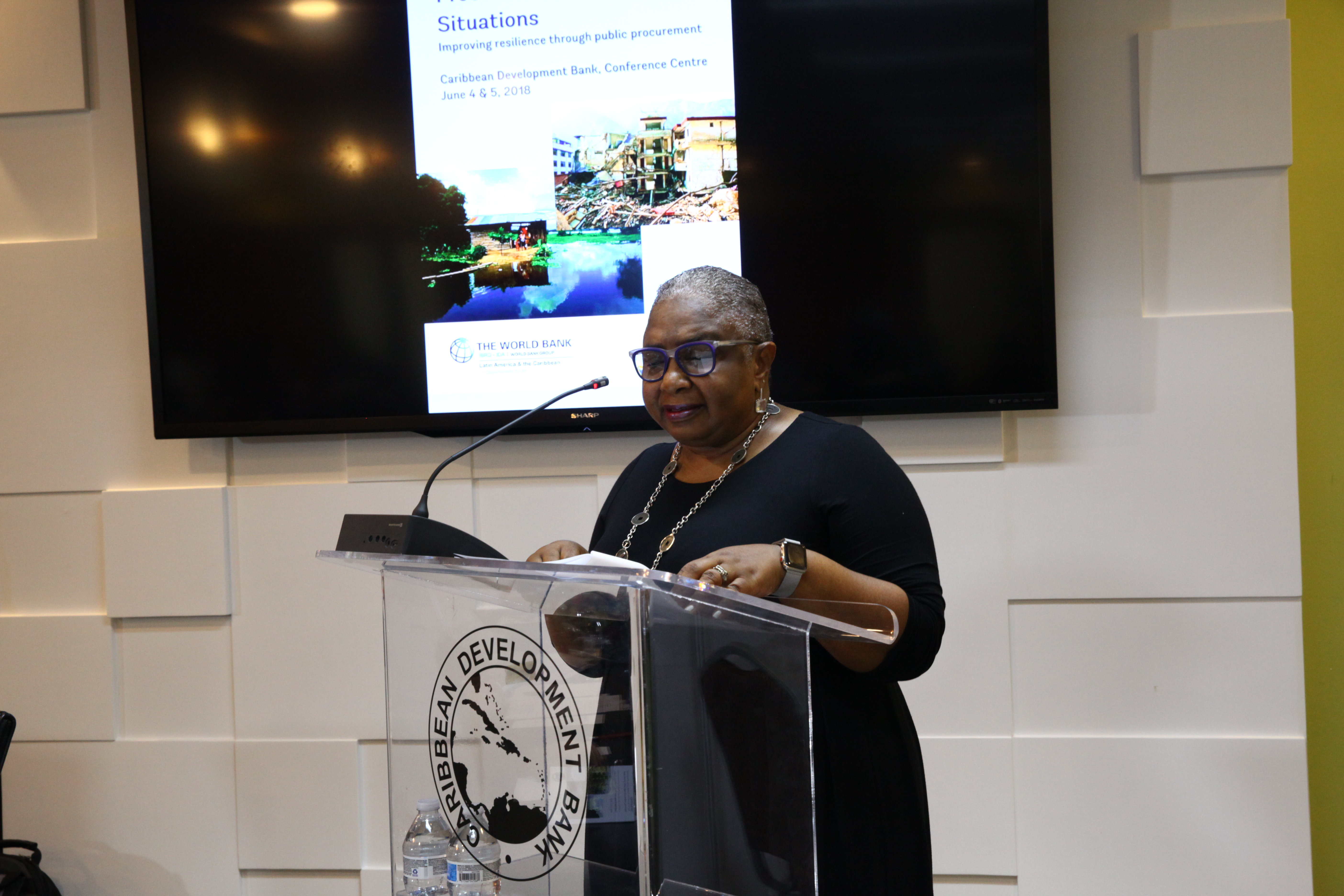 Cheryl Dixon, Coordinator, Environmental Sustainability Unit, CDB, stresses the importance of understanding procurement in emergency situations during her opening remarks.