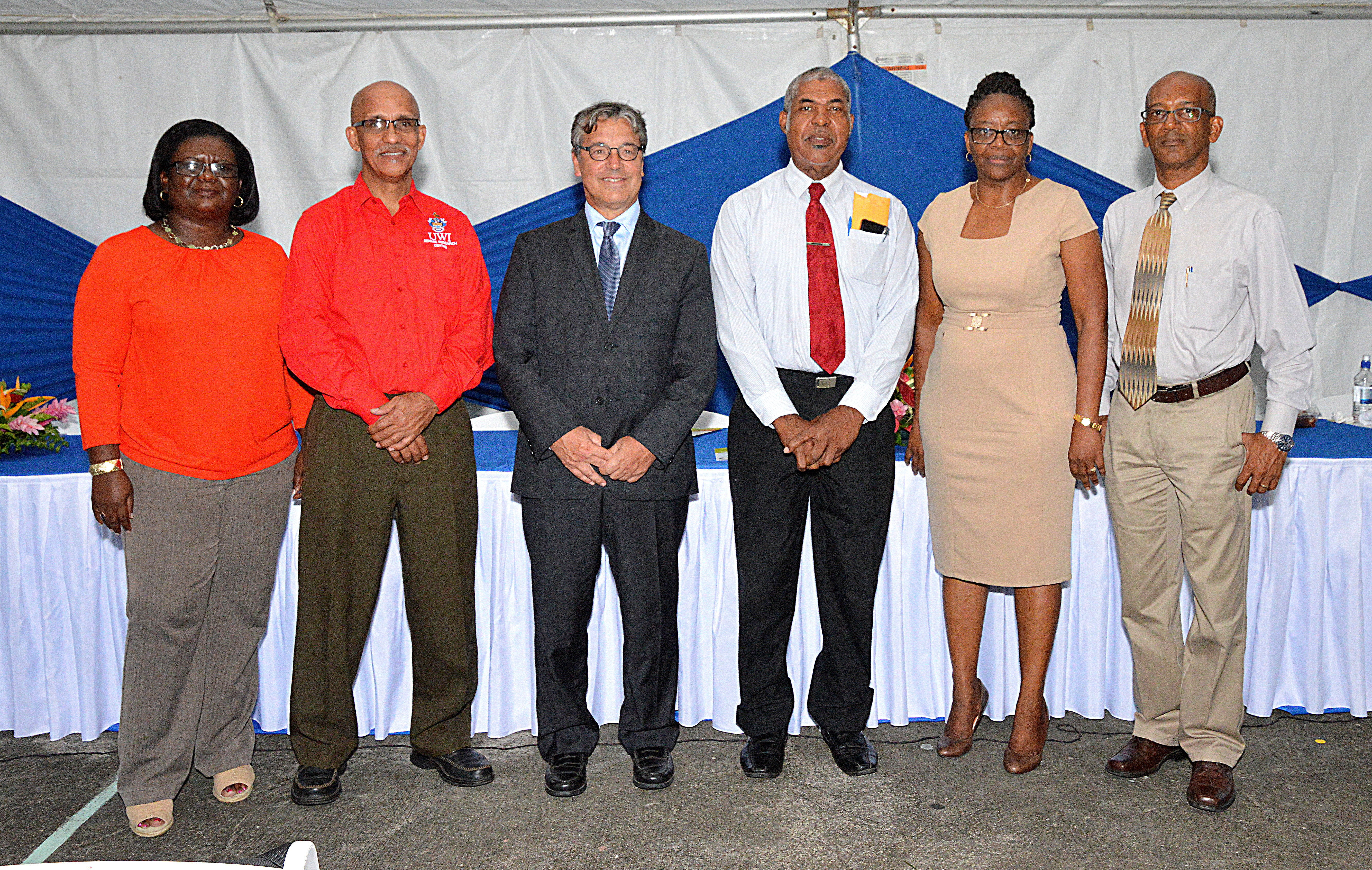 Officials at the launch of the “Volcano-Ready Communities in St. Vincent and the Grenadines” project held at the Sandy Bay Government School on April 6, 2018. (L-R) Michelle Forbes, Director, National Emergency Management Organisation (NEMO); Dr. Richard Robertson, Director, UWI-SRC; Benôit-Pierre Laramée, Senior Director, Caribbean Regional Programme, High Commission of Canada and Canada’s Director to CDB; Hon. Montgomery Daniel, Minister of Housing, Informal Human Settlements, Land and Surveys and Physical Planning; Permanent Secretary Nerissa McMillan, Ministry of National Mobilisation, Social Development, Family, Gender Affairs, Persons with Disability and Youth; and Permanent Secretary Godfred Pompey, Ministry of National Security, Air and Seaport Development.