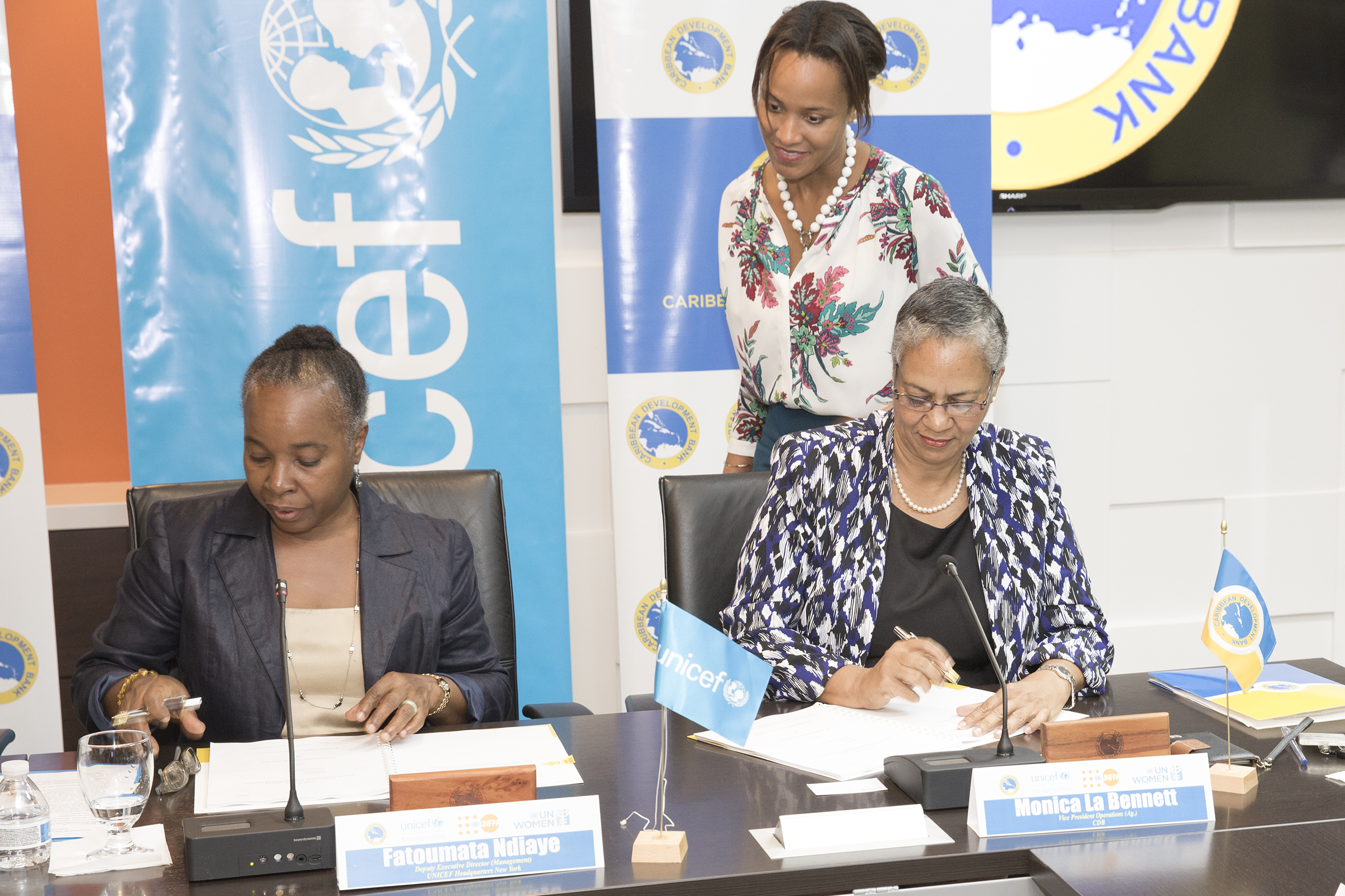 Fatoumata Ndiaye, Deputy Executive Director, UNICEF Headquarters, New York (left) and Monica La Bennett, Acting Vice-President (Operations), CDB (right).