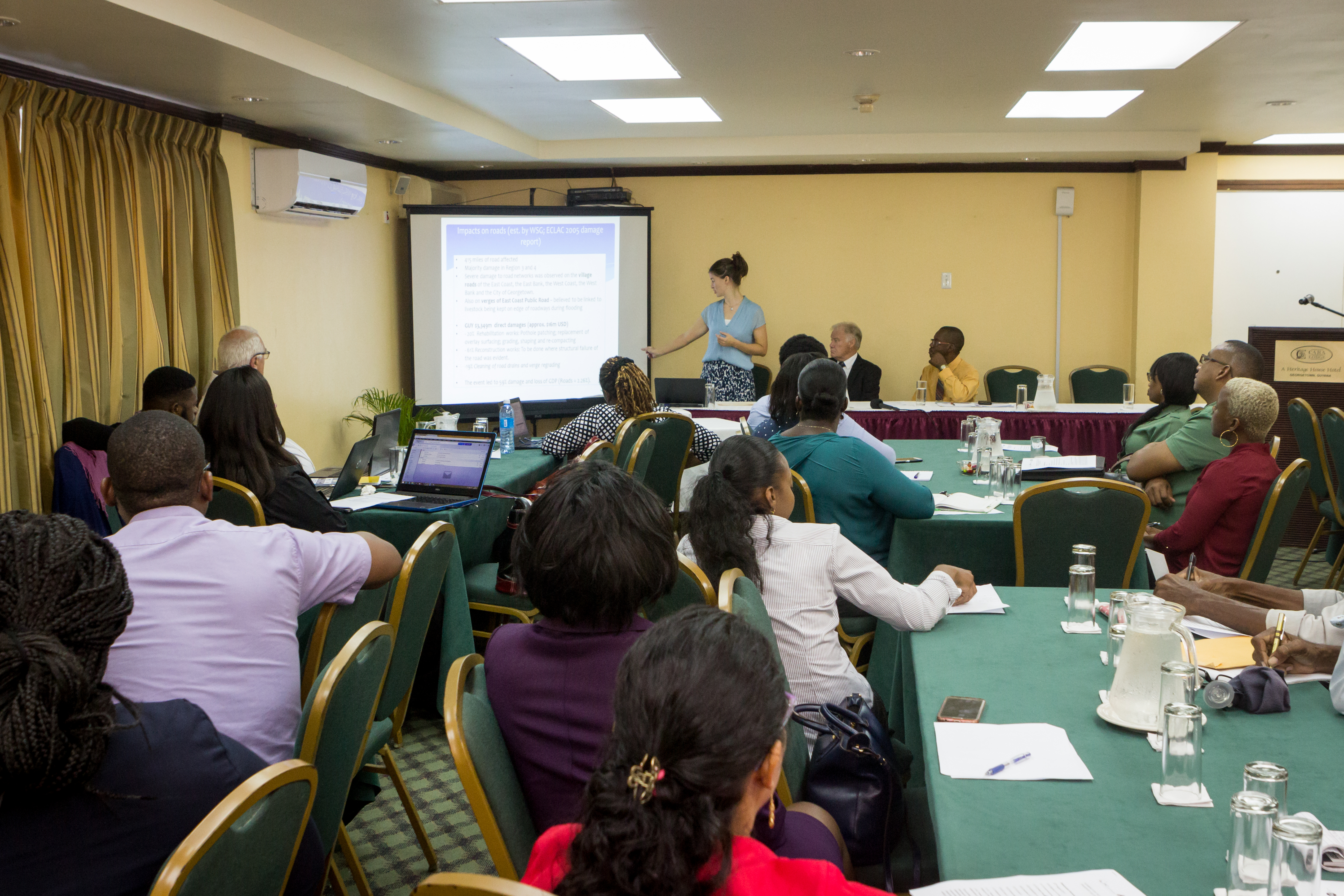 Stakeholders from several government ministries, including Public Infrastructure, Finance and Natural Resources, and the Central Housing and Planning Authority, listen to Olivia Palin as she quantifies the damage to Guyana’s road network following the 2005 floods during the Workshop on August 22, 2017.