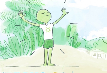 Green illustrated man standing on beach with arms outstretched