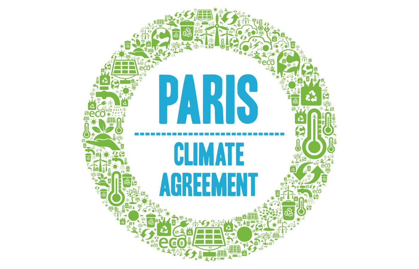 Words Paris Climate Agreement in blue lettering inside of green circle