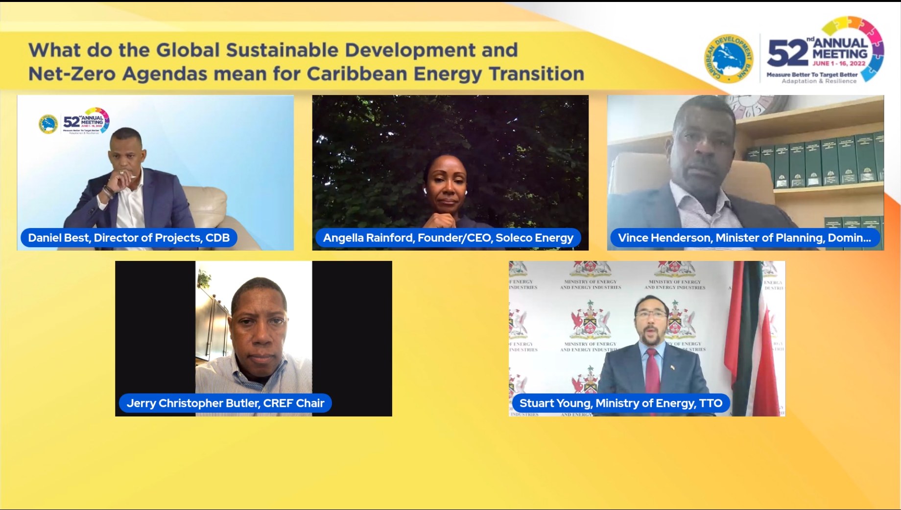 Screenshot of energy seminar speakers against yellow background