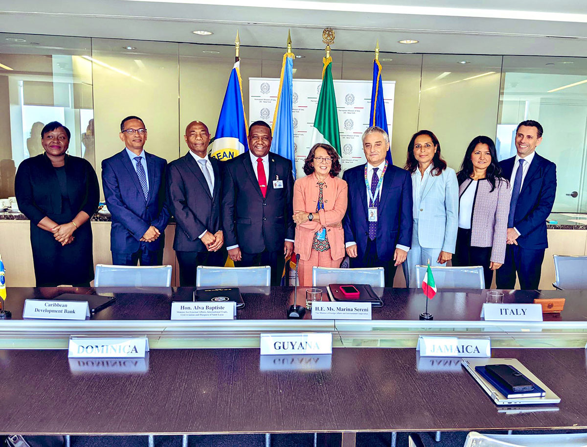 group photo with males and females standing behind a large table and flags in the background