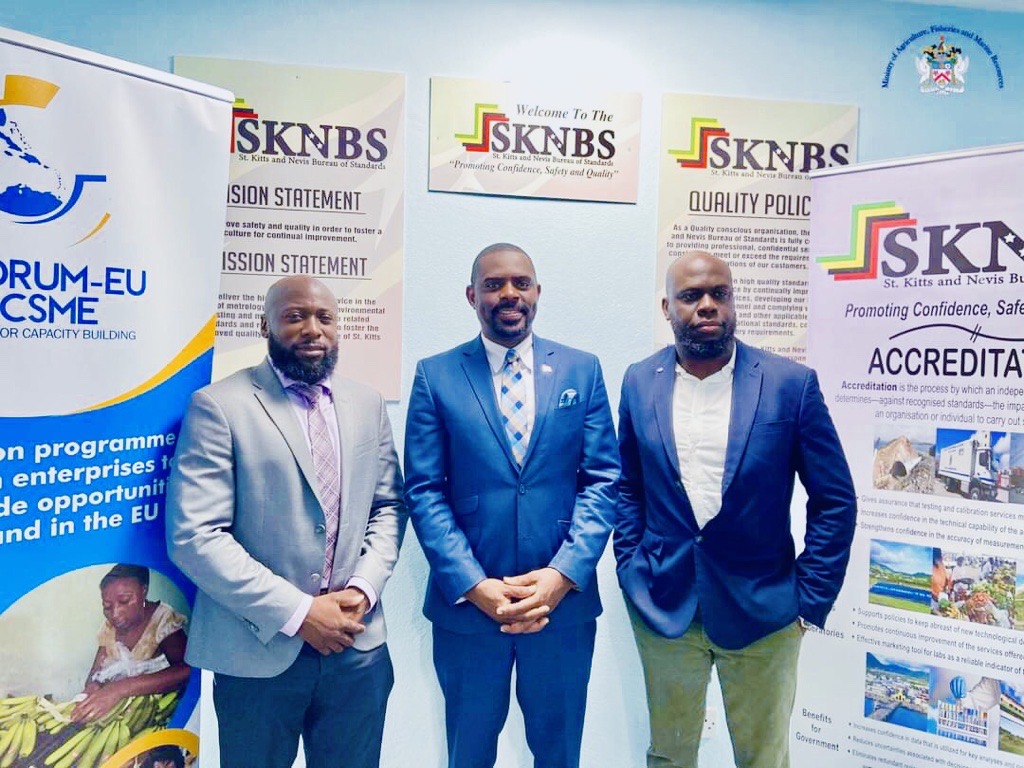 Left to Right: Mr. Cyril Gill, Project Manager, CARIFORUM-EU Economic Partnership Agreement (EPA) and Caribbean Single Market and Economy (CSME) Standby Facility for Capacity Building; the Honourable Samal Duggins, Minister of Agriculture, Fisheries, Marine Resources, Entrepreneurship, Cooperatives and Creative Economy; and Mr. Dale Phoenix, Results Officer, CARIFORUM-EU EPA and CSME Standby Facility for Capacity Building