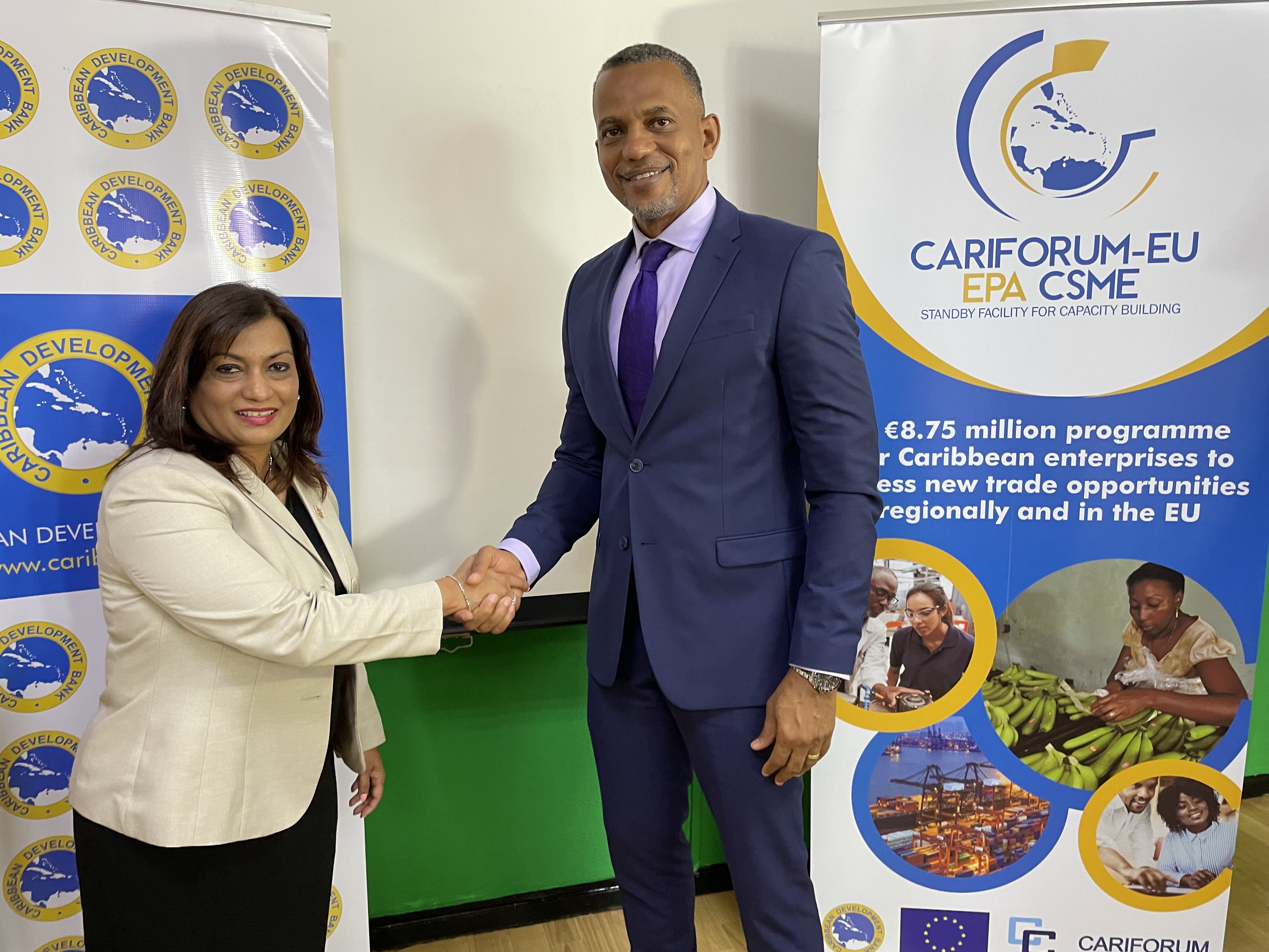 The Honourable Rishma Kuldipsingh, Minister of Economic Affairs, Entrepreneurship and Technological Innovation for Suriname and Mr. Daniel Best, Director of the Caribbean Development Bank's Projects Department, attend the launch of the Marketing and Branding of Micro, Small and Medium-sized Enterprises in CARICOM Project 