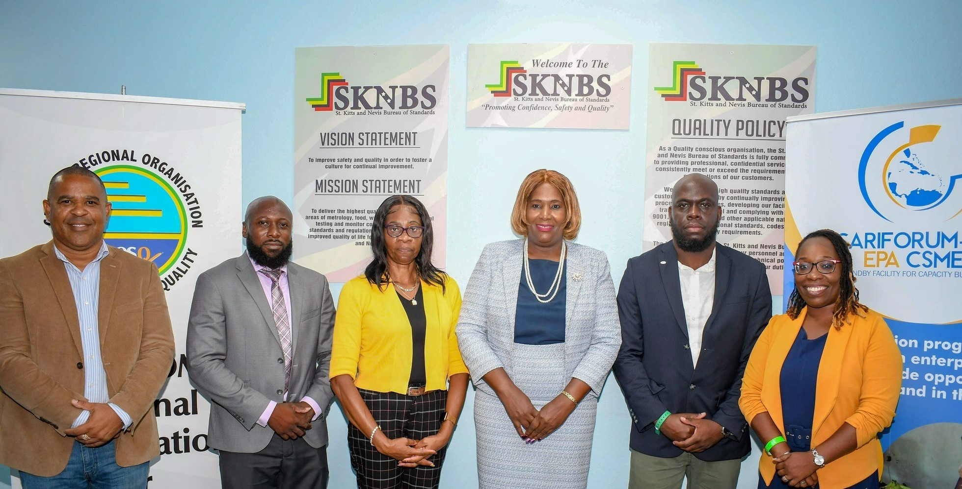 Left to right: Mr. Stuart Laplace, Director of St. Kitts and Nevis Bureau of Standards; Mr. Cyril Gil, Project Manager EPA & CSME Standby Facility; Mrs. Mentrice Warner-Arthurton, Director of Trade & Consumer Affairs (Nevis); Mrs. Jasemine Weekes, Permanent Secretary in the Ministry of Trade; Mr. Dale Phoenix, Results Officer EPA & CSME Standby Facility, Mrs. Sadie-Ann Sisnett, Project Coordinator, CARICOM Regional Organisation for Standards and Quality (CROSQ)