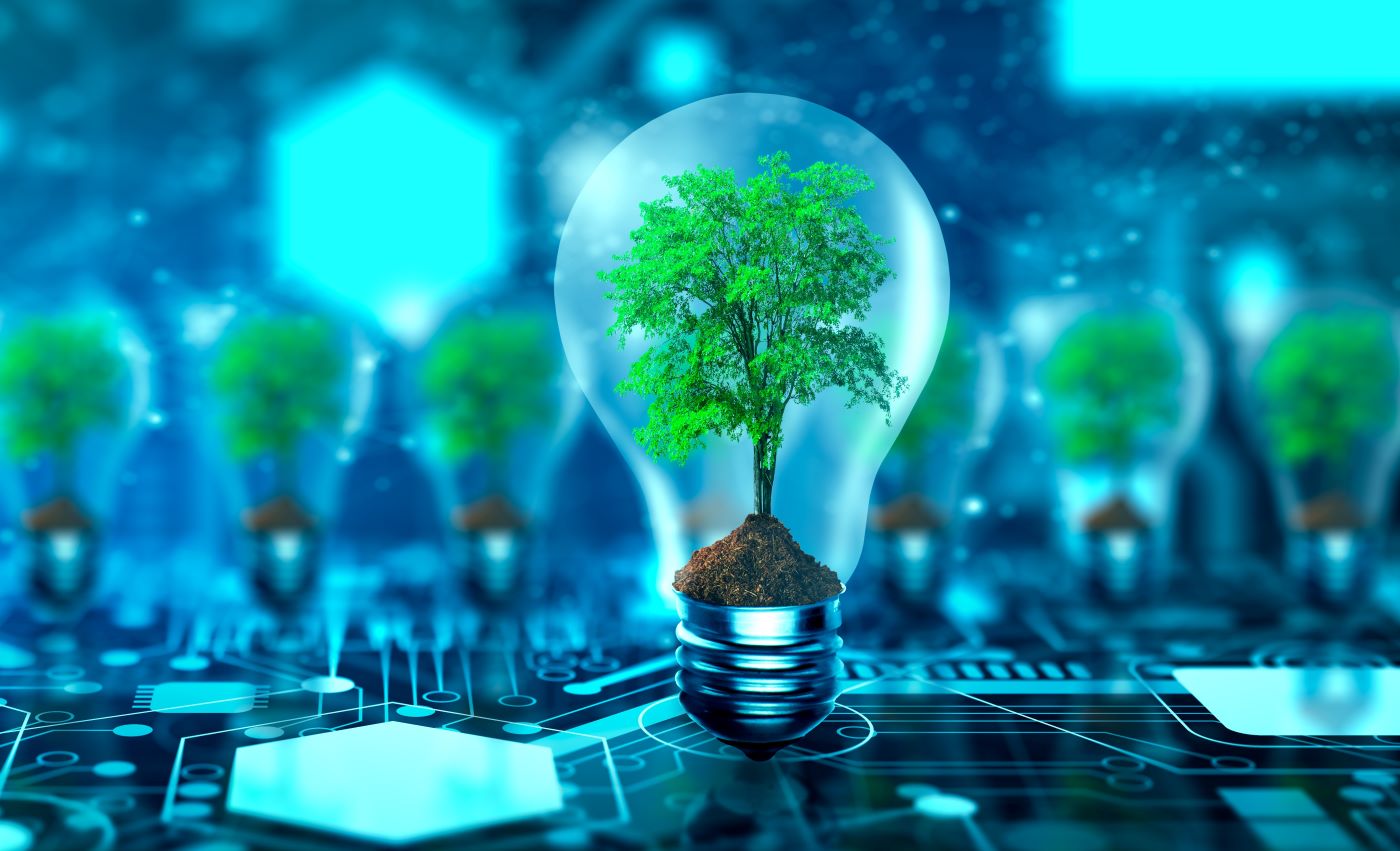 green tree inside lightbulb against digital background