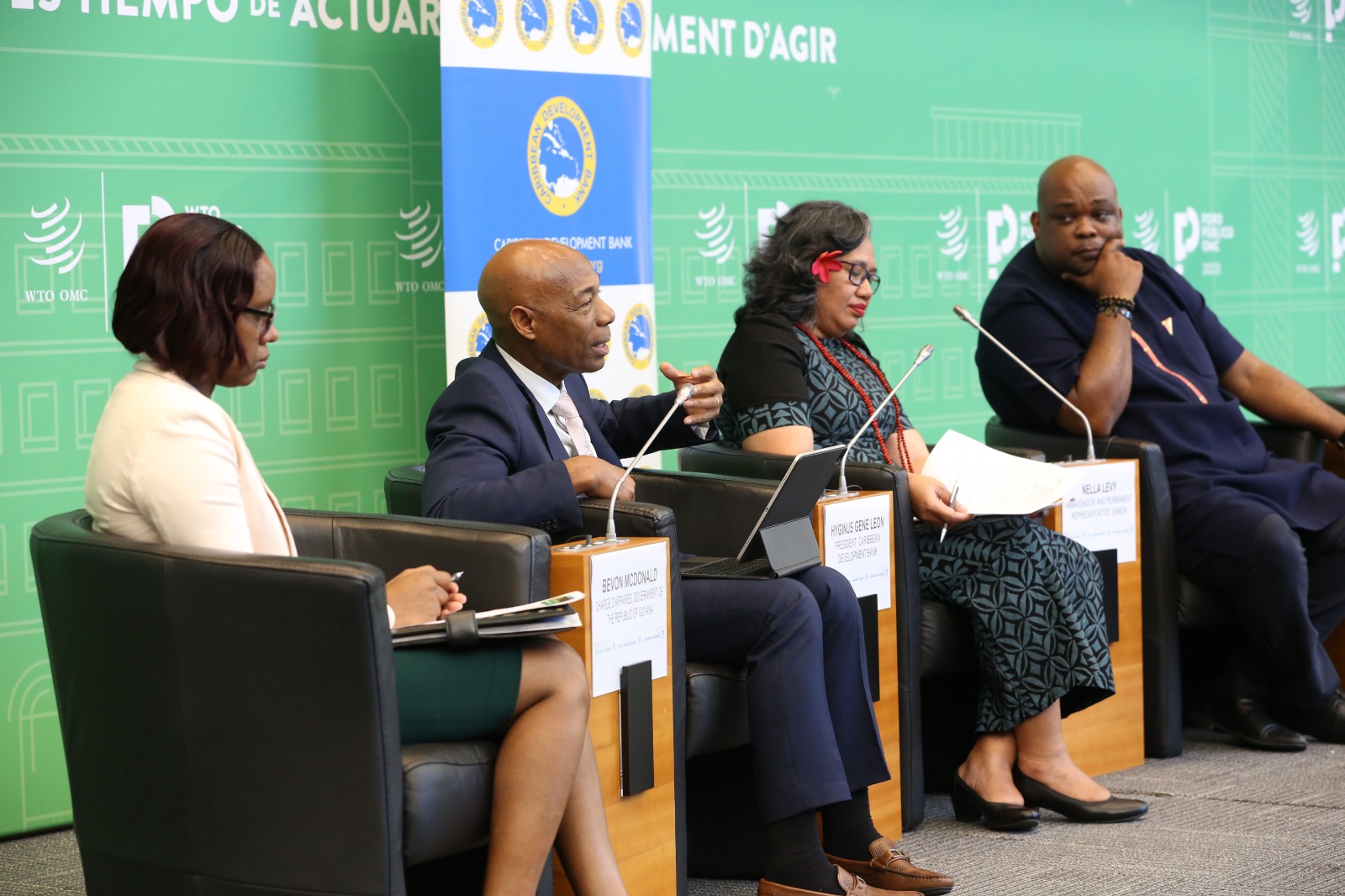 President of CDB, Dr Hyginus Leon with on the panel discussing green trade on September 15, 2023, in Geneva, Switzerland. 