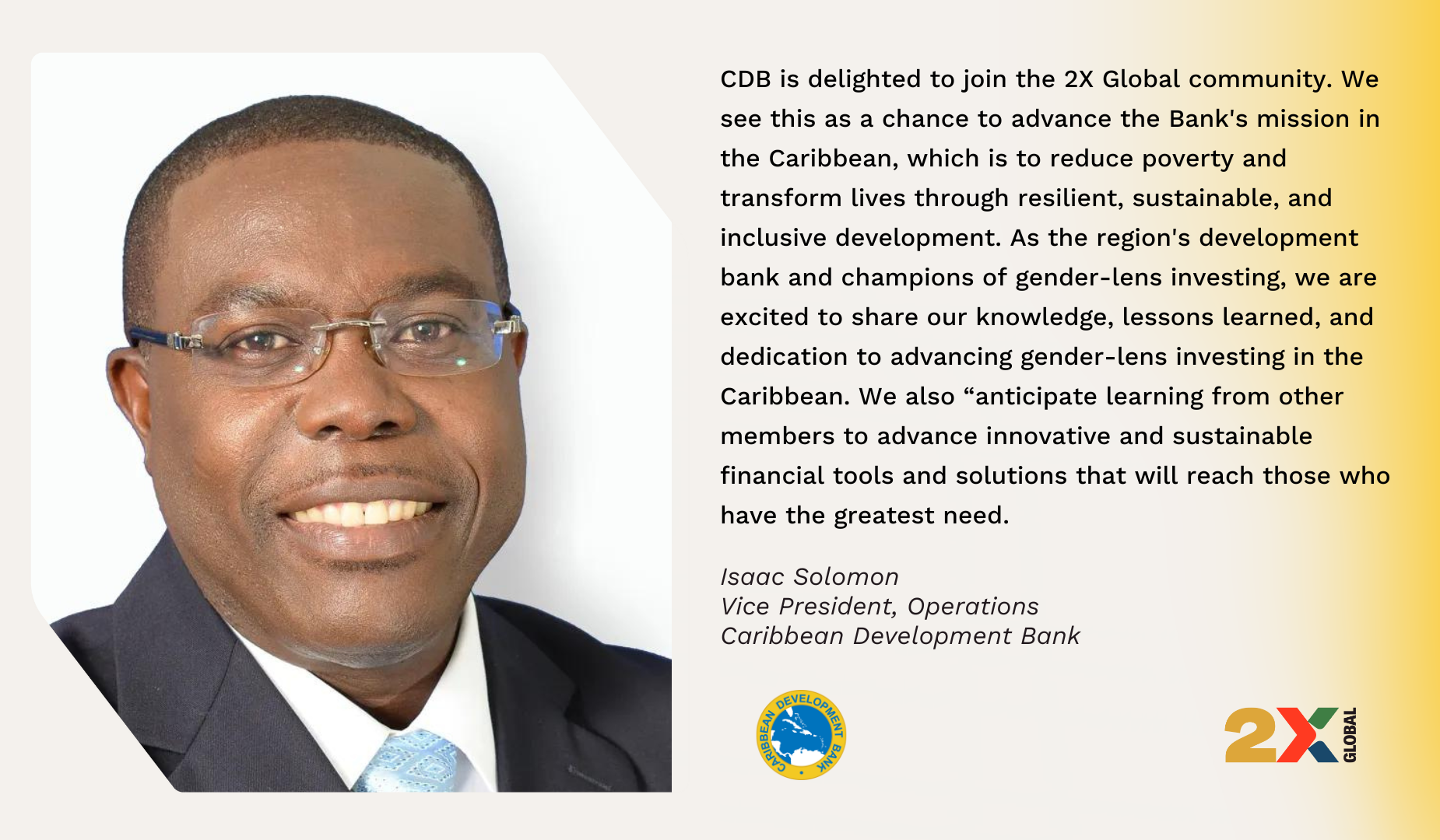 An image of the CDB's VPO Isaac Solomon accompanies a social media card with a statement acknowledging the CDB's joining of 2X Global