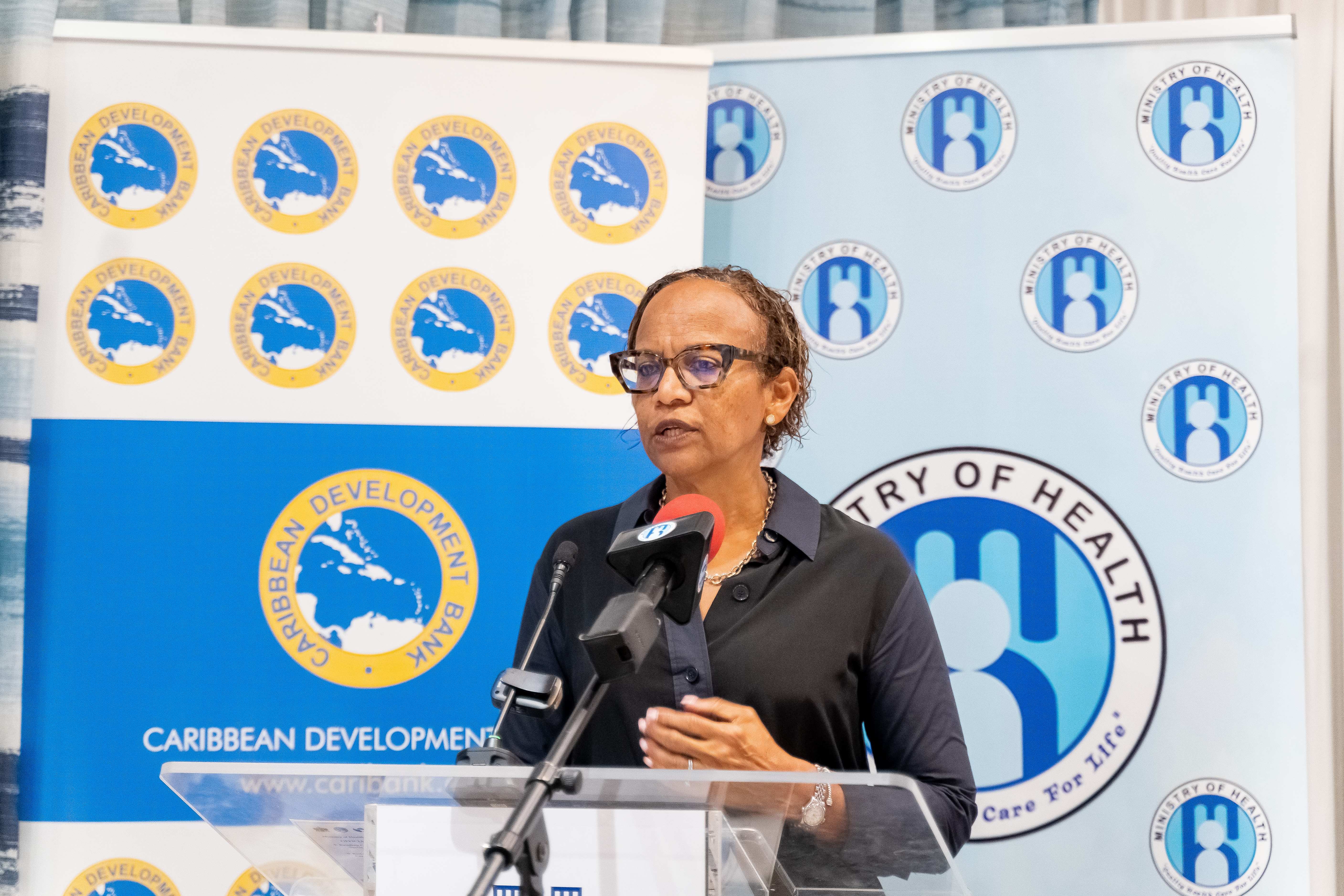 Mrs Therese Turner-Jones, CDB Director of Projects, speaks at the launch of the Caribbean Development Bank, Inter-American Development Bank financed project to upgrade the Saint Lucia Health Systems on Thursday, February 8, 2024. 