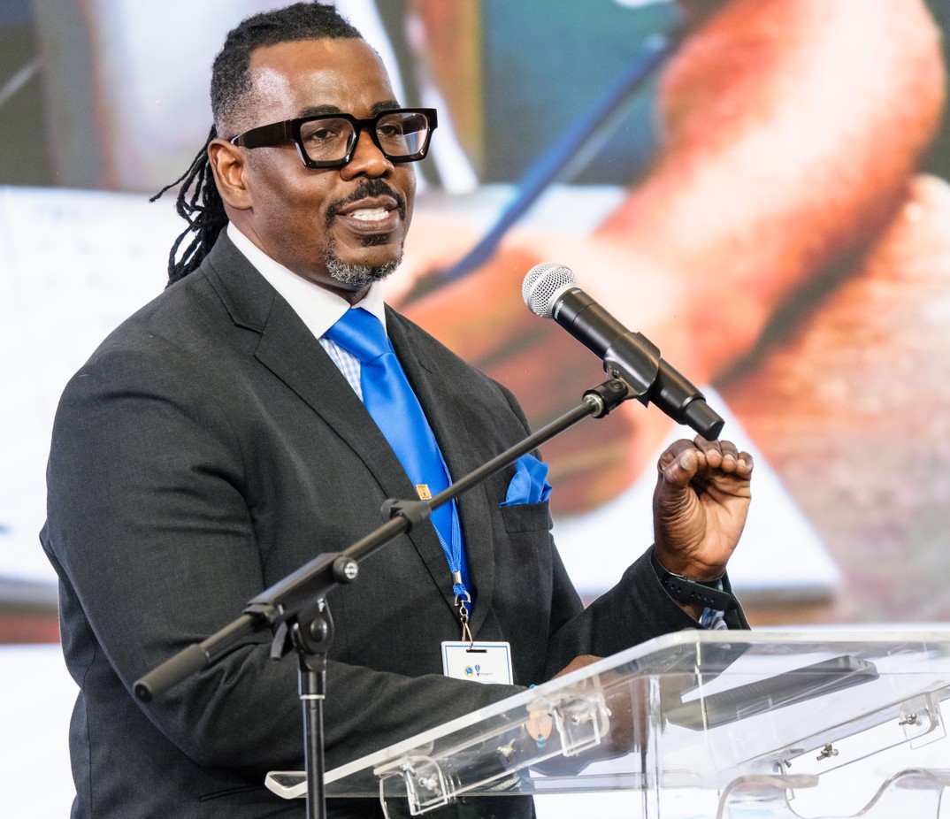 Dr. Andrew Hunte, Head of the School of Humanities and Education at The University of the West Indies (UWI), Five Islands Campus, speaks at the Caribbean Development Bank (CDB) 2025 Regional Symposium and Policy Dialogue on Transforming Education.