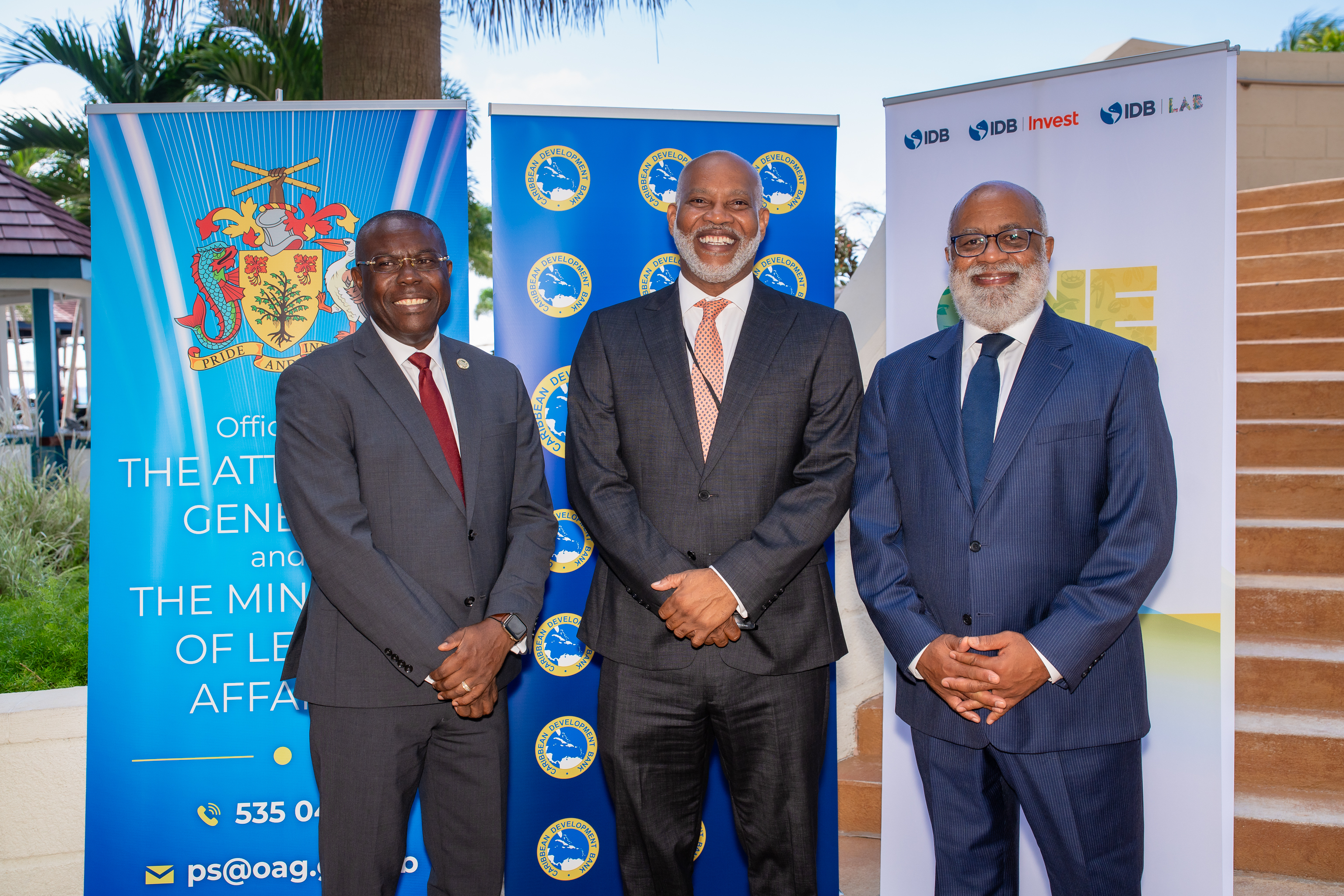 Photo caption: Left to right - Dr. Isaac Solomon, Caribbean Development Bank Vice-President (Operations), the Honourable Dale Marshall; Attorney General for Barbados the Honourable Dale Marshall, and Mr. Anton Edmunds, General Manager, Regional Country Department, the Caribbean, Inter-American Development Bank, attend the High-Level Symposium to Advance State Responses on Domestic Violence in the Caribbean.