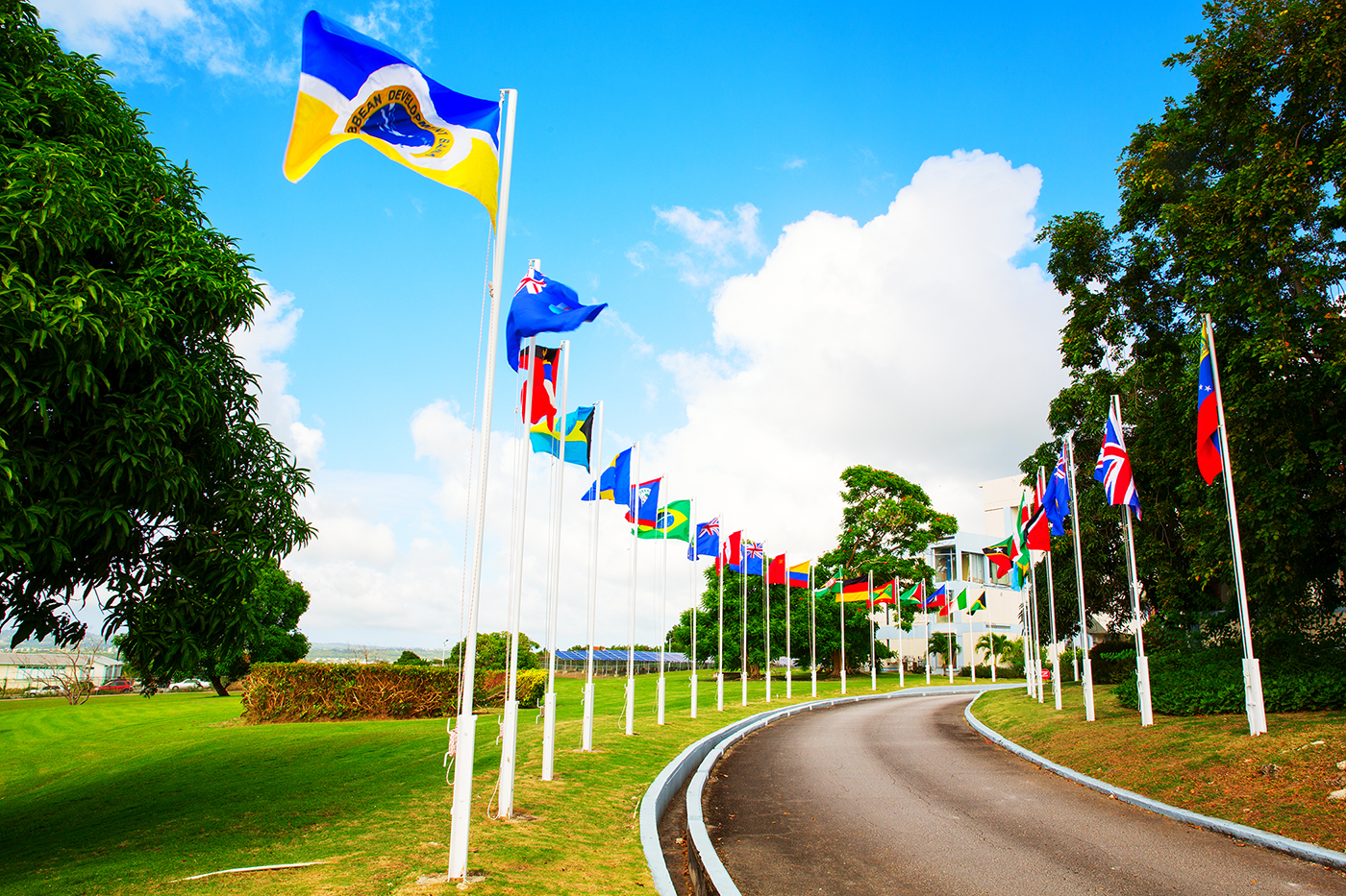 Row of Caribbean Development Bank member country flags lining a curved driveway outside the CDB headquarters, waving against a bright blue sky with scattered clouds.