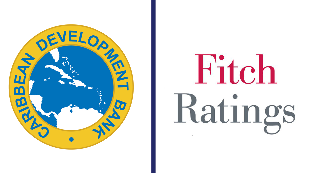 Side‑by‑side logos of the Caribbean Development Bank and Fitch Ratings. The Caribbean Development Bank logo features a yellow circular border with the words “Caribbean Development Bank” surrounding a blue map of the Caribbean region. The Fitch Ratings logo displays the words “Fitch Ratings” in red and grey text on a white background.