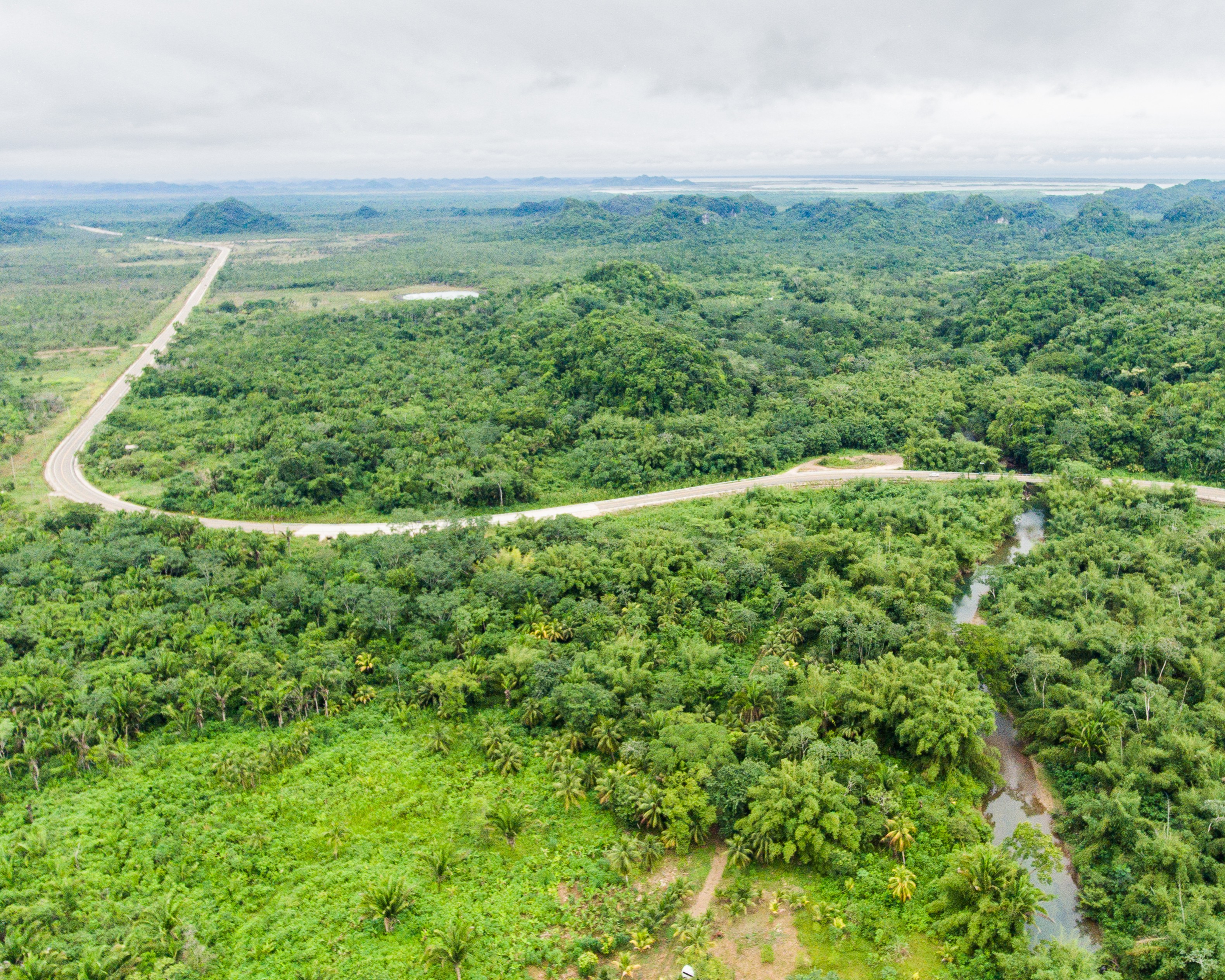 Aerial view of the new Coastal Highway that cuts through the lush landscape.