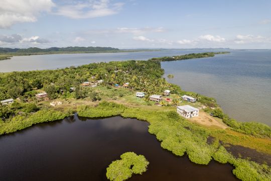 Aerial view of the Gales Point Manatee community and surrounding lagoon.