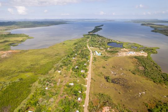 Aerial view of Gales Point Manatee community and the surrounding lagoon.