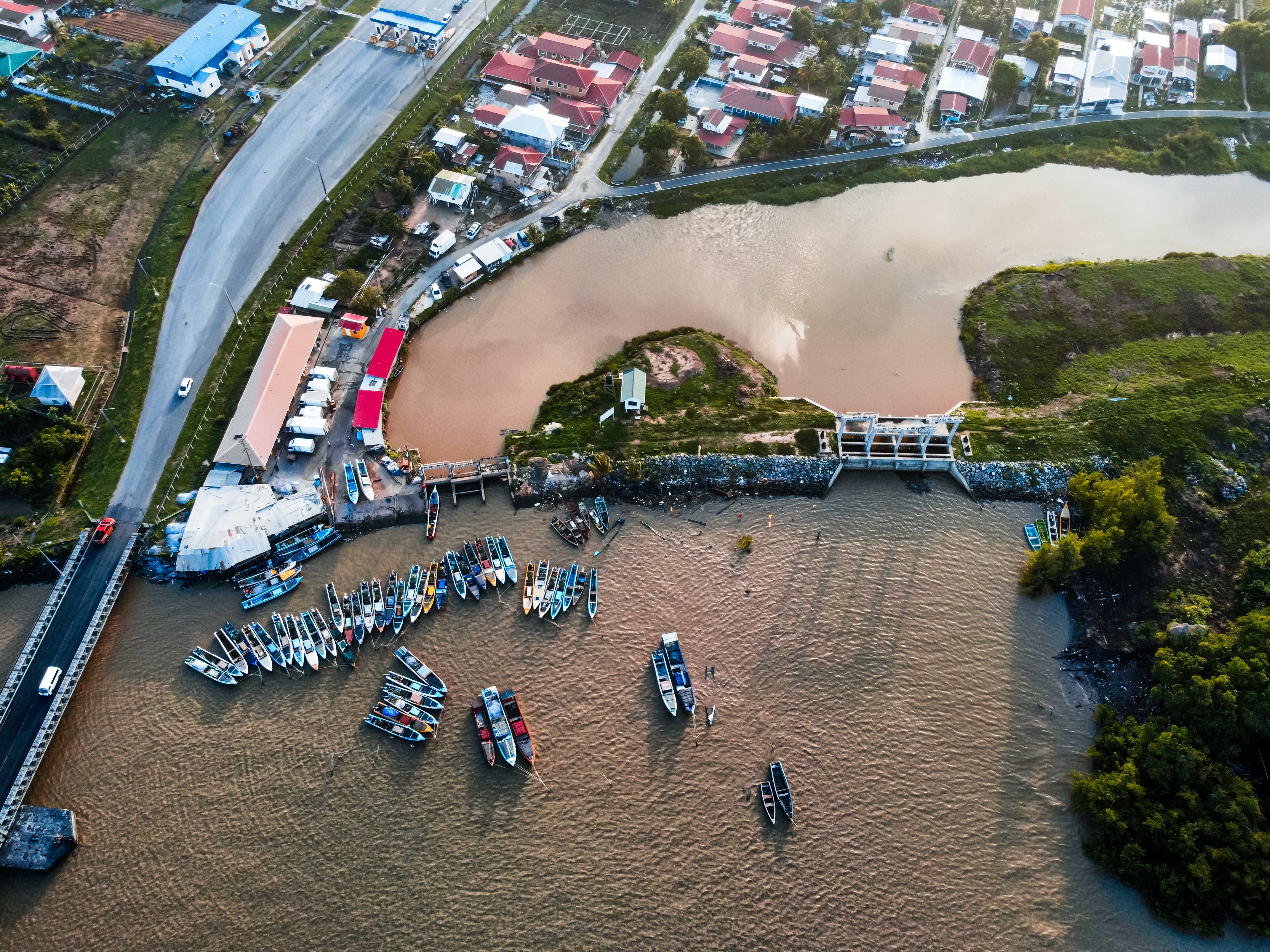 Aerial view of coastal fishing community in Guyana