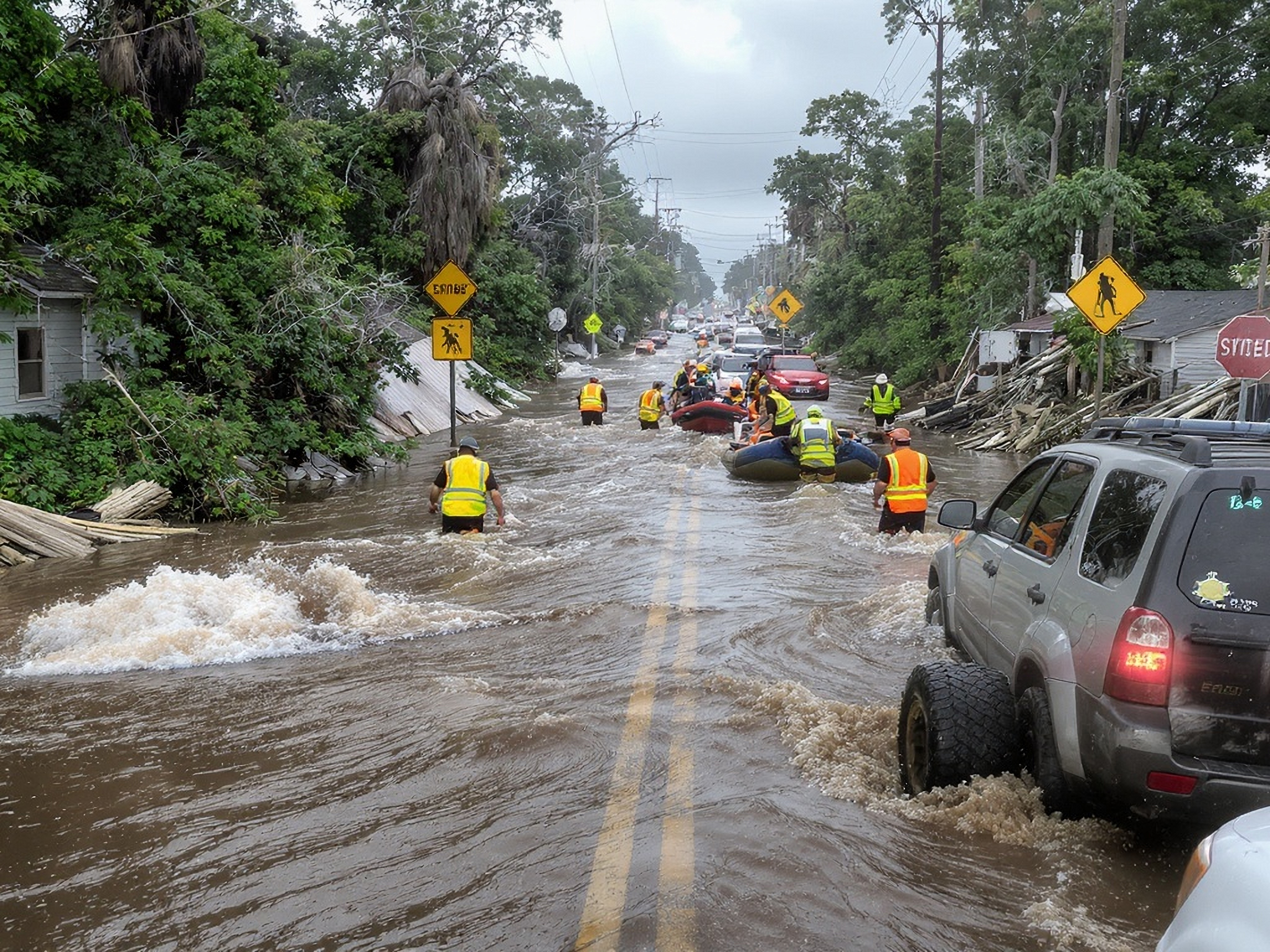 Rescue workers wading through floodwater on a submerged residential street, assisting vehicles and people as cars and boats navigate the flooded road