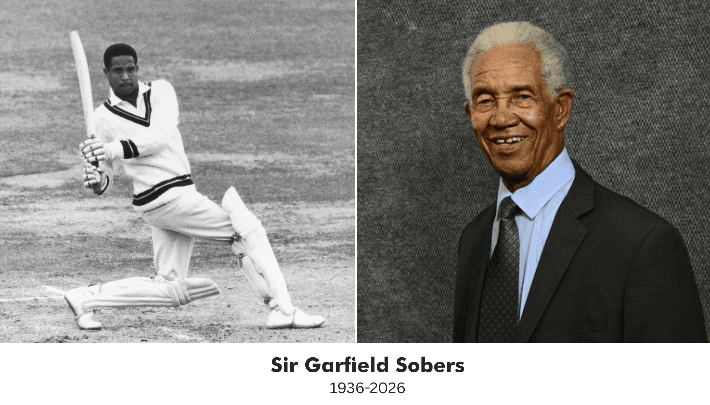 Blended image of Sir Garfield Sobers as a young batsman on the field in play and an elderly statesman with text graphic
