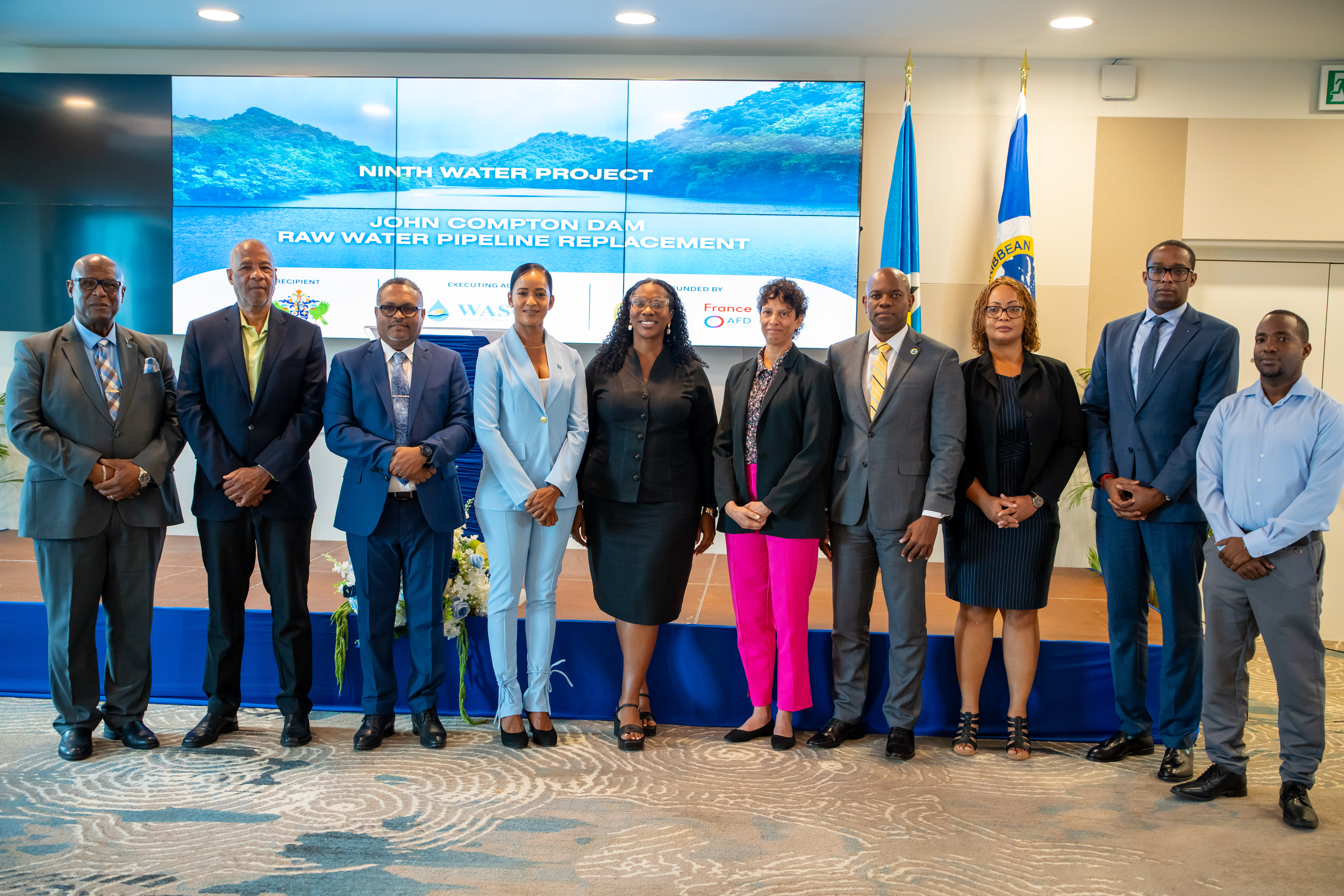 10 officials from the Government of Saint Lucia and the Caribbean Development Bank attend the launch of the 9th Water Project in Rodney Bay 