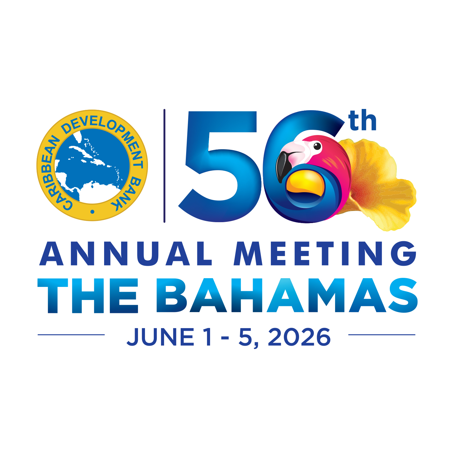 Logo for the Caribbean Development Bank’s 56th Annual Meeting in The Bahamas, June 1–5, 2026, featuring the CDB emblem and a colourful flamingo and yellow elder flower graphic