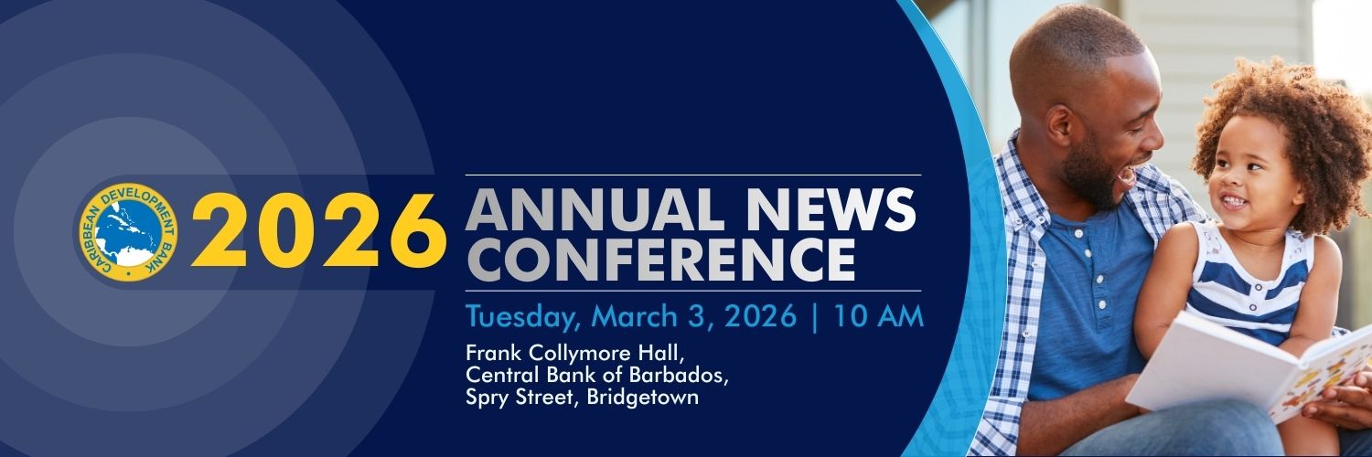 Promotional graphic for the Caribbean Development Bank’s 2026 Annual News Conference on March 3, featuring an adult and child reading together.