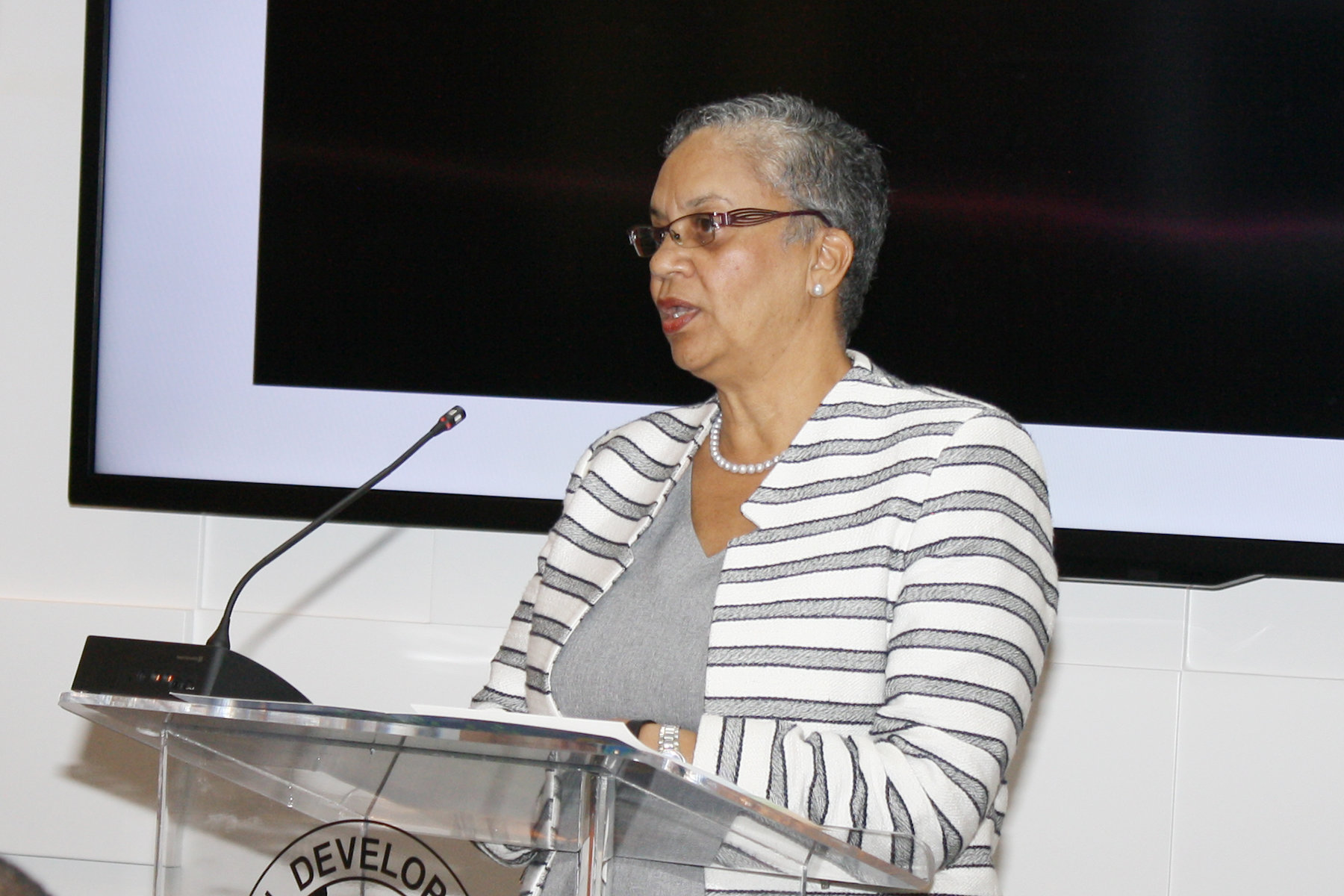 Monica La Bennett, Vice President, Operations (VPO), CDB, speaking during the opening of the Adaptation Fund seminar.