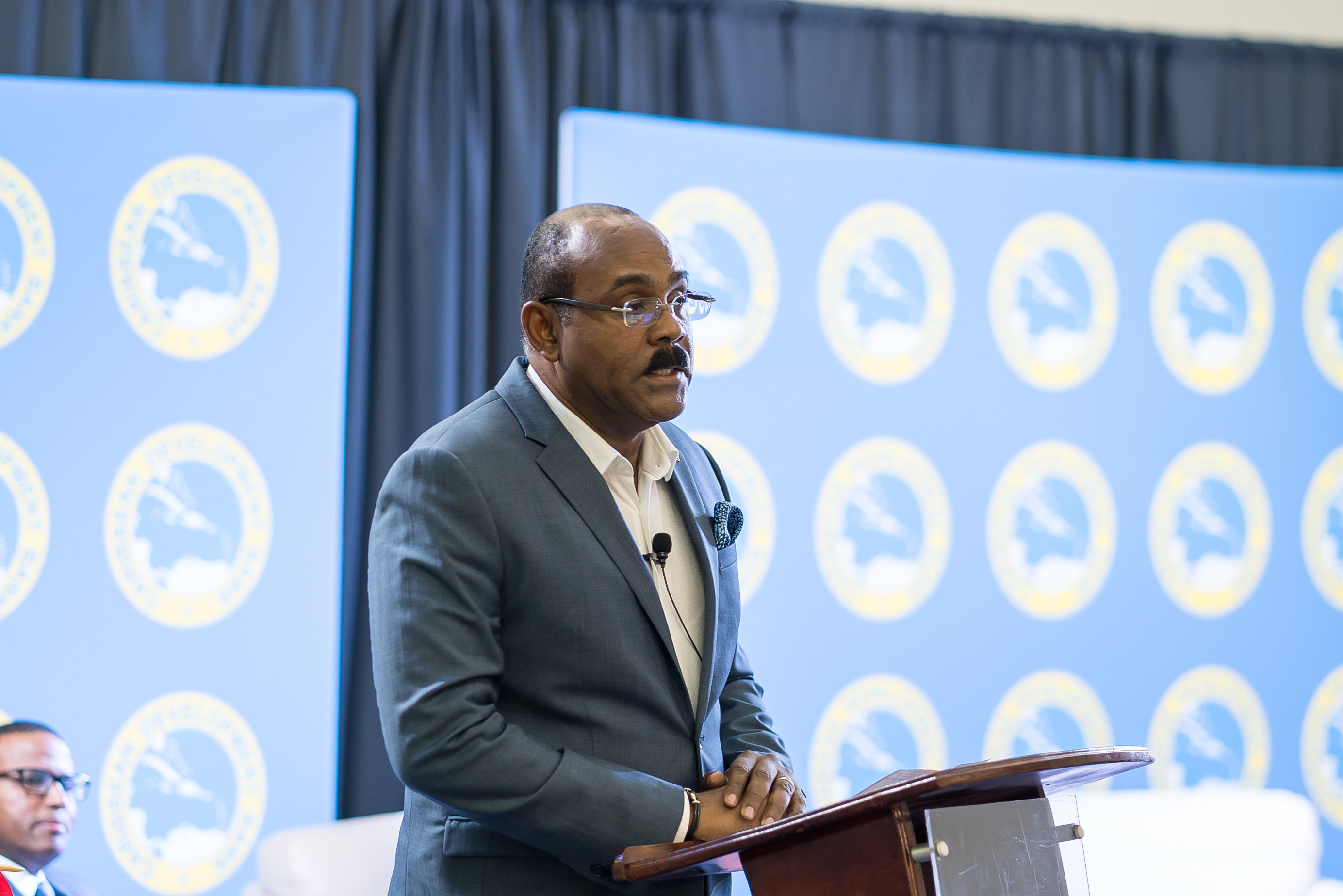 Prime Minister the Hon. Gaston Browne delivers his keynote presentation during the seminar on Air Transport Connectivity and Competitiveness, hosted by the Caribbean Development Bank (CDB) in Grenada on May 30.
