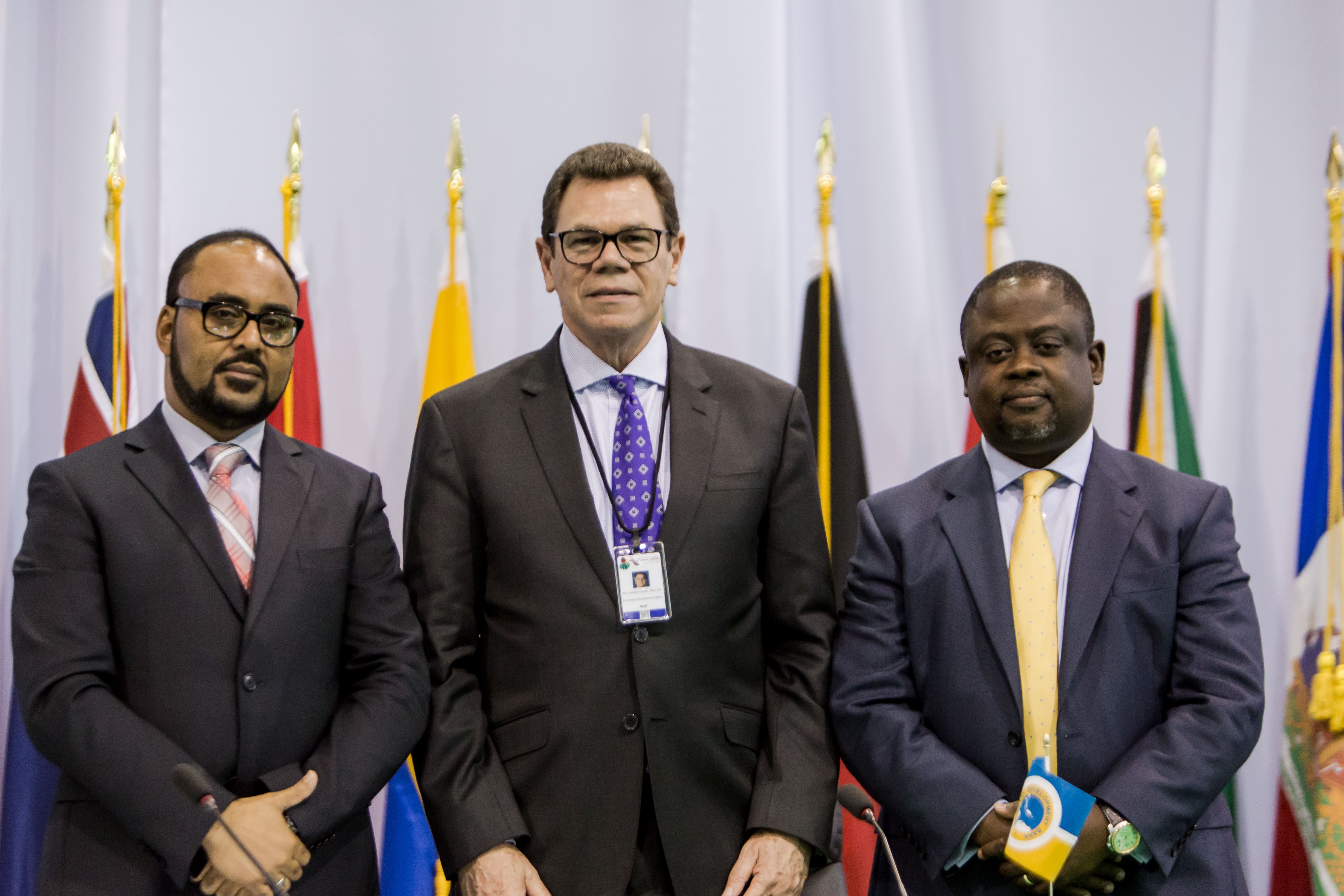Left to right: Anthony Isaac, CEO, CCRIF SPC; Dr. William Warren Smith, President, CDB and Malcolm Buamah, Chief Risk Officer, CDB after launching the Integrated Sovereign Risk Management in the Caribbean Project in Providenciales on May 25, 2017.