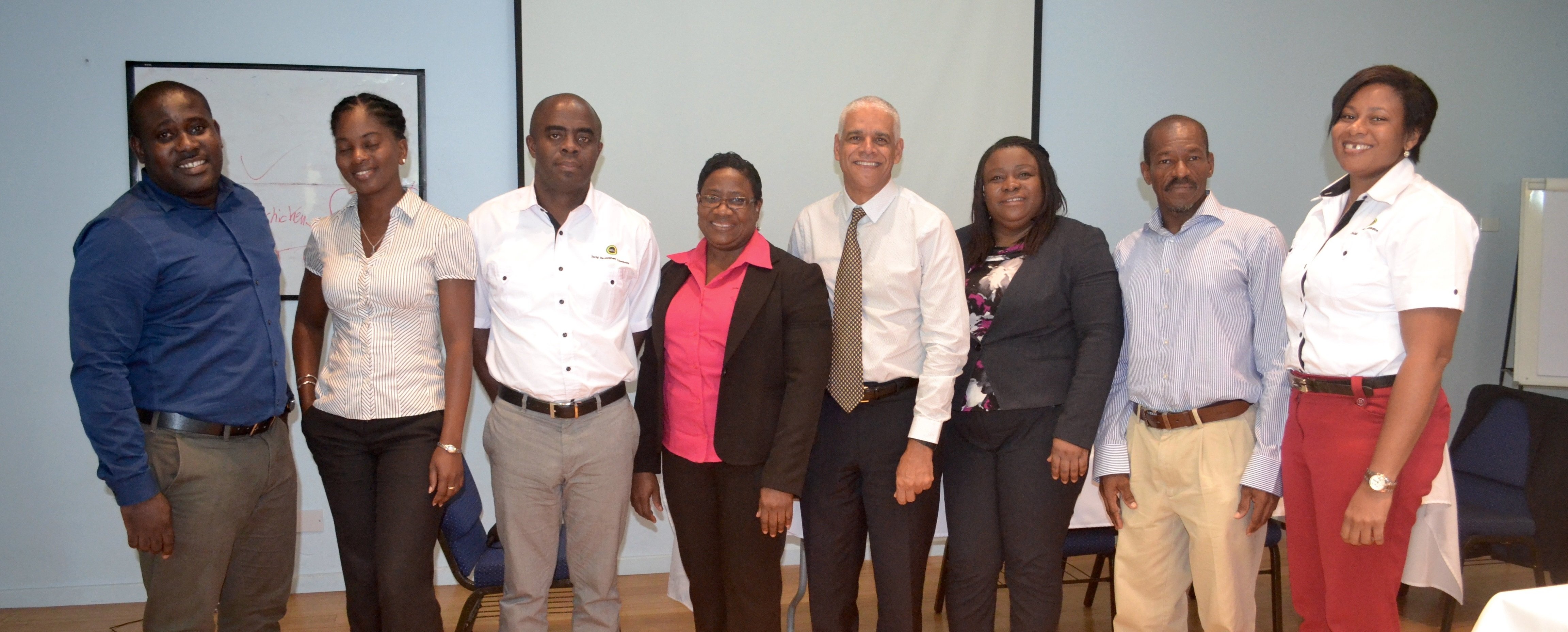 Key workshop partners include L-R: Richardo Aiken, Community Development Specialist, CDRRF, CDB; Shervone Alexander, Senior Statistician, SVG; Dr. Dwayne Vernon, Executive Director, SDC, Jamaica; Juanita Reid, Deputy Executive Director, SDC, Jamaica; George Yearwood, Portfolio Manager Ag., BNTF, CDB; Lavern Louard-Greaves, Operations Officer, BNTF, CDB; Roger Young, Supervisor, Community Development Division, SVG; Sherine Francis, Governance Director, SDC, Jamaica.