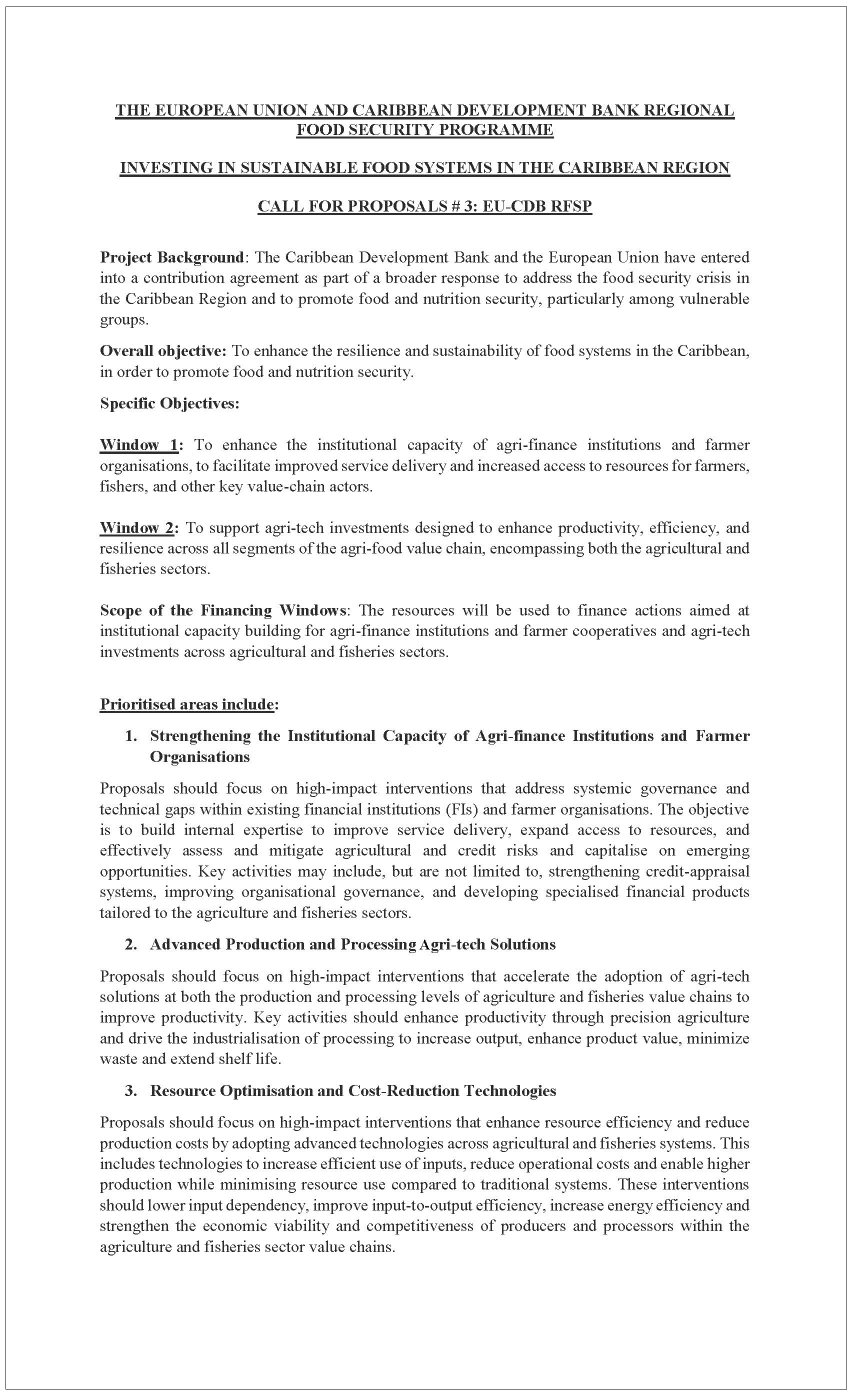 Document outlining EU–Caribbean Development Bank Regional Food Security Programme call for proposals on sustainable food systems in the Caribbean.