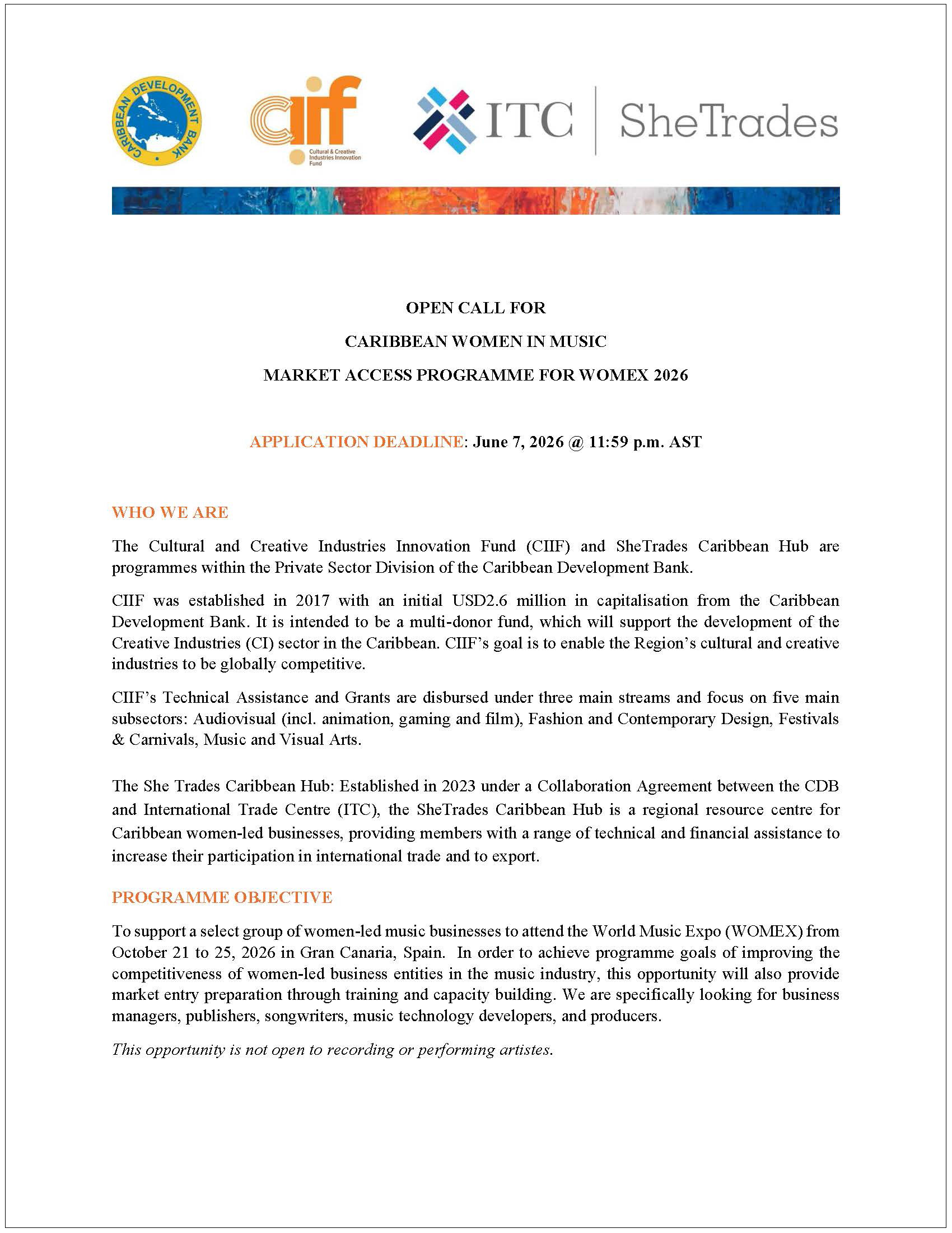 Open call for Caribbean Women in Music – WOMEX 2026, showing application deadline June 7, 2026, with CDB, CIIF, ITC, and SheTrades logos