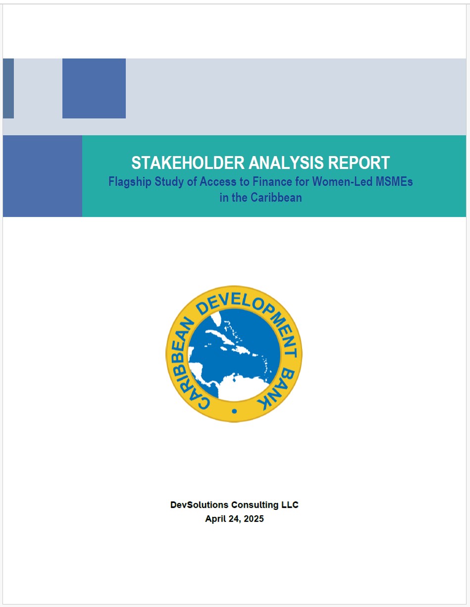 Cover page of the stakeholder analysis for the study 'Access to Finance for Women-Led MSMEs in the Caribbean,' featuring the Caribbean Development Bank logo and report details by DevSolutions Consulting LLC, dated April 24, 2025.