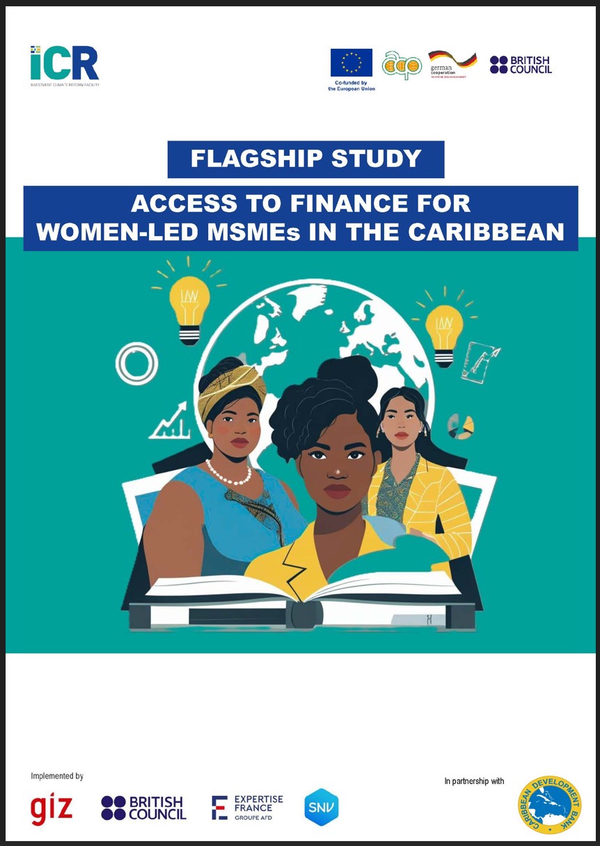 Illustrated cover of the study 'Access to Finance for Women-Led MSMEs in the Caribbean,' featuring three women in business attire against a teal background with symbols of innovation and finance.
