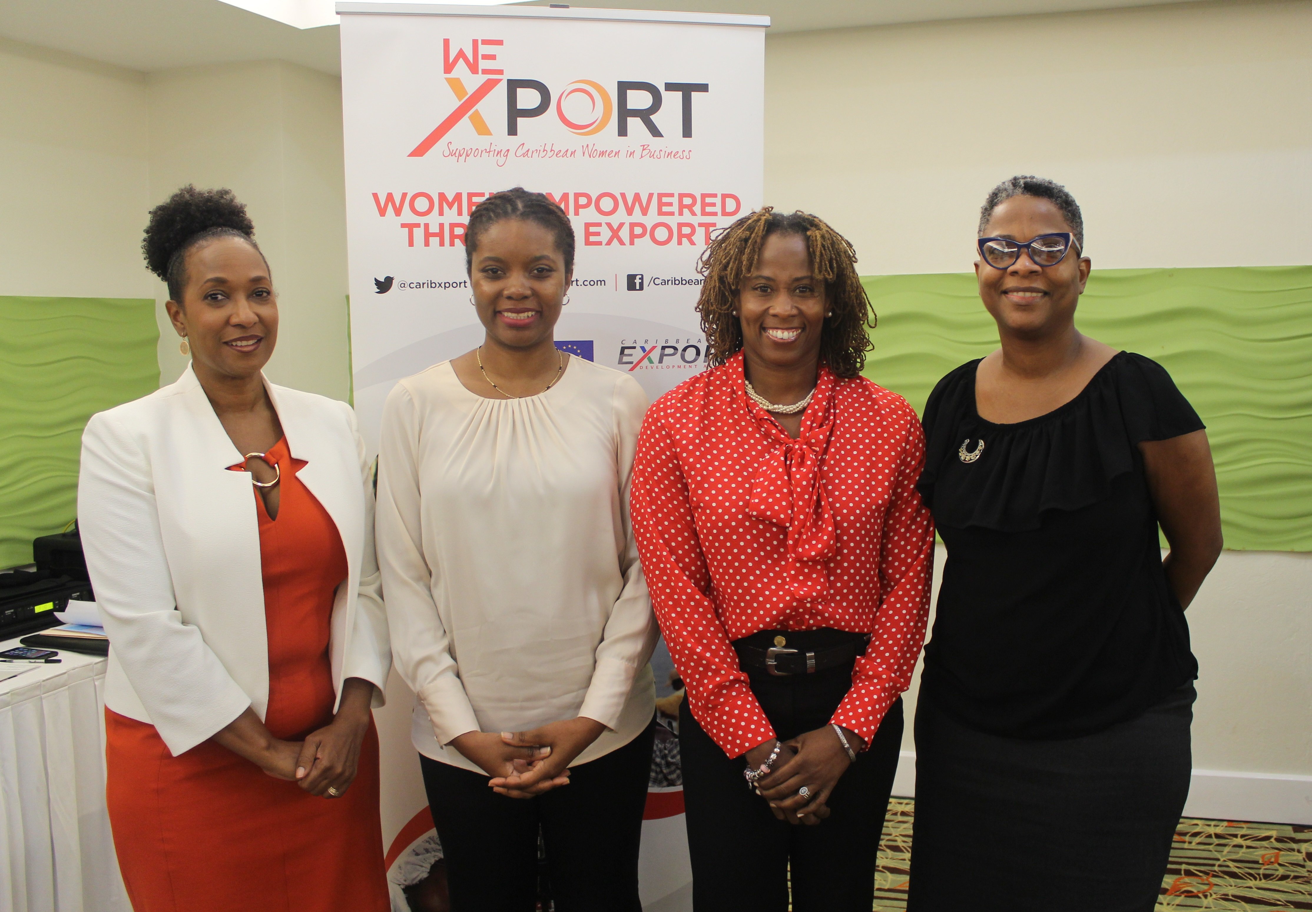 Left to Right: Pamela Coke-Hamilton, Executive Director, Caribbean Export, with WE-Xport funding partners Isiuwa Iyahen, Programme Specialist, Women’s Economic Empowerment, UN Women; Lisa Harding, Micro, Small and Medium Enterprise Development Coordinator, Technical Cooperation Division, CDB and Camille Wildman, Project Officer-Private Sector Specialist at the Delegation of the European Union to Barbados, the Eastern Caribbean States, the OECS and CARICOM/CARIFORUM.
