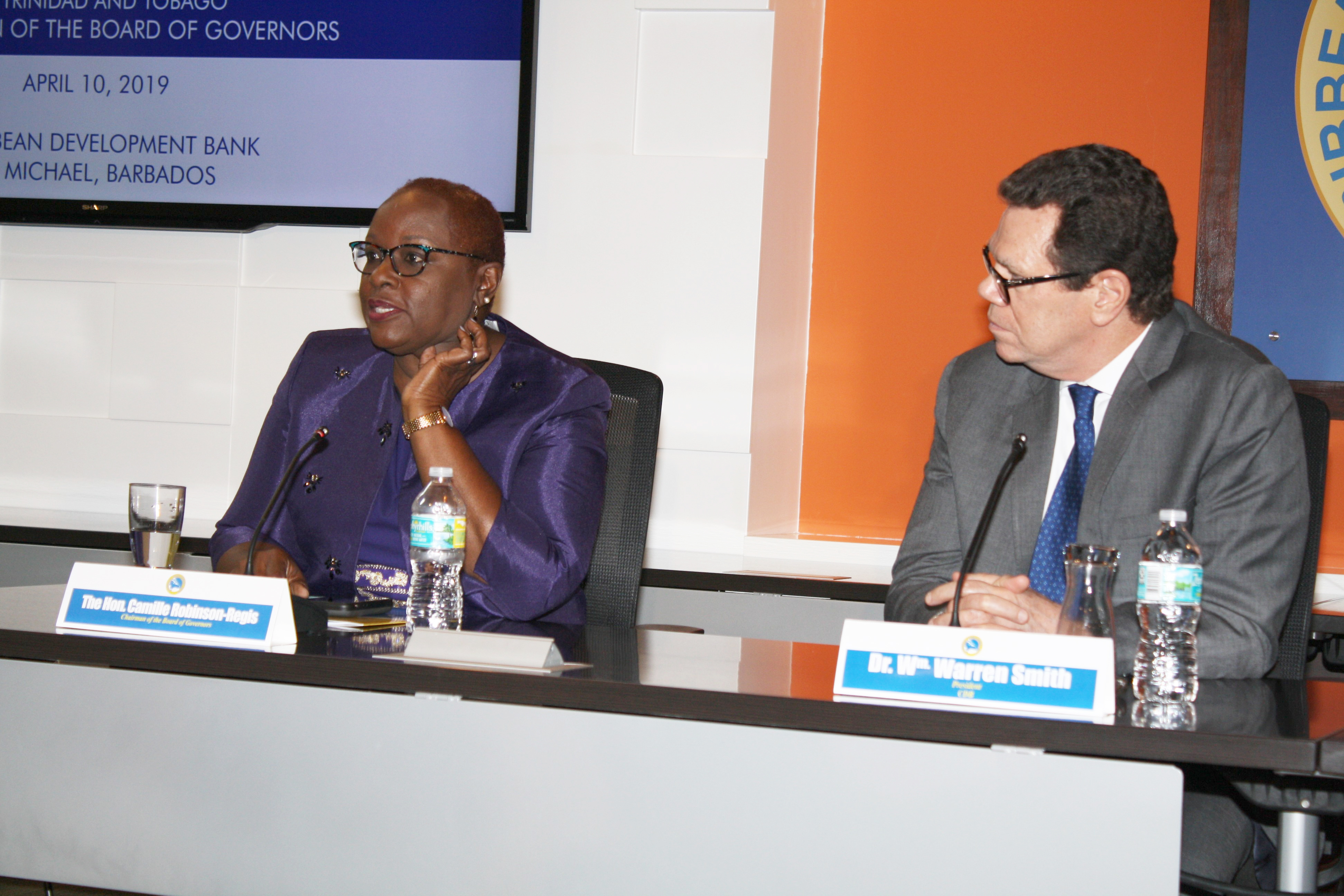 Trinidad and Tobago’s Minister of Planning and Development and Chairman of the Caribbean Development Bank;s Board of Governors, Honourable Camille Robinson-Regis (left) answering a question from Bank staff during her visit at the Bank’s headquarters on Wednesday, April 10, 2019 as CDB President Dr. Wm. Warren Smith (right) listens on