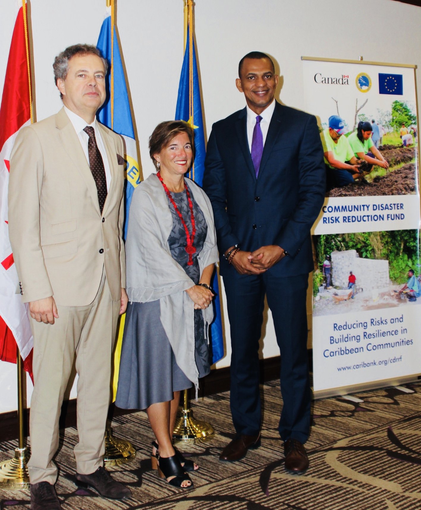 Left to Right: Luis Maia, Head of Cooperation, Development Cooperation Section, Delegation of the European Union to Barbados, the Eastern Caribbean States, the OECS and CARICOM/CARIFORUM; Her Excellency Ms. Marie Legault, High Commissioner of Canada to Barbados and the Eastern Caribbean; Daniel Best, Director, Projects, CDB.