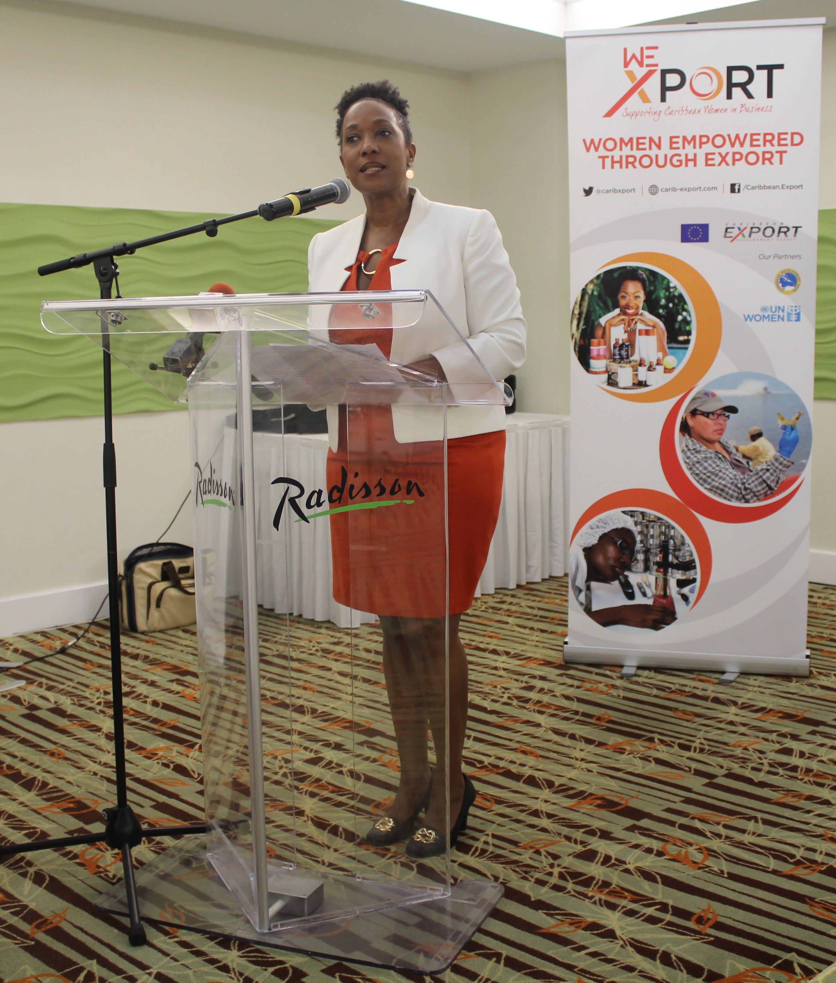 Pamela Coke-Hamilton, Executive Director, Caribbean Export, delivers opening remarks during the WE-Xport Access to Finance Workshop.