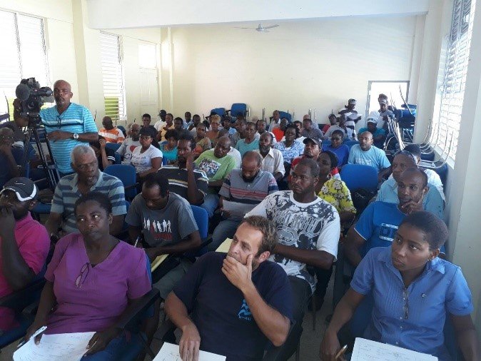 Participants of the CDB-funded rapid training workshop are learning climate resilient building techniques.