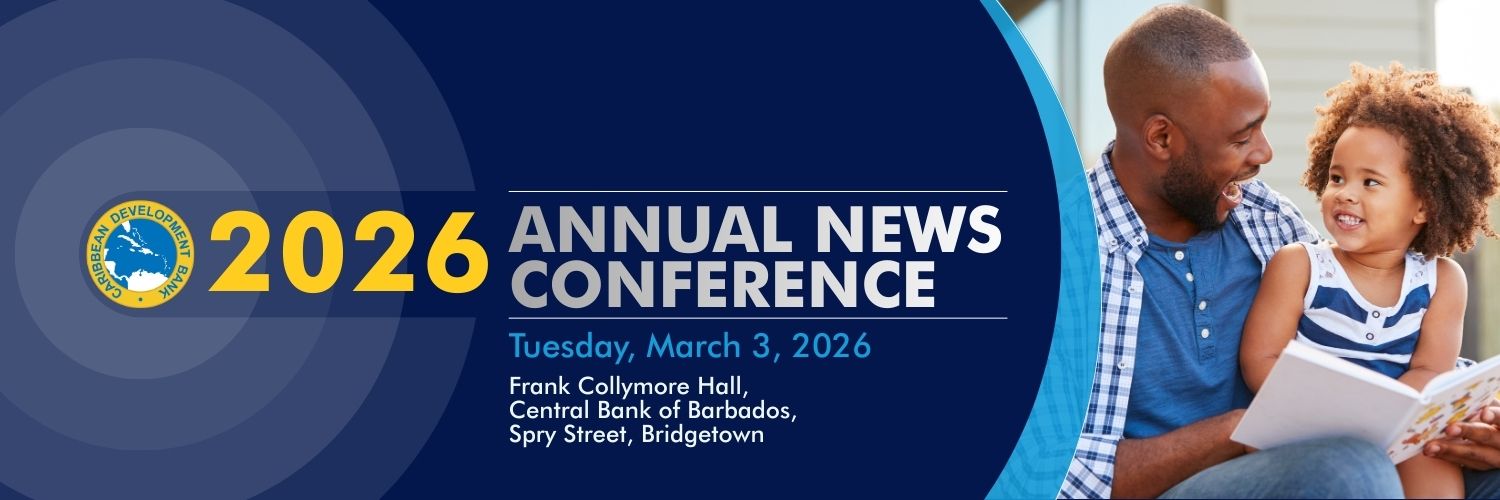 Promotional graphic for the Caribbean Development Bank’s 2026 Annual News Conference on March 3, featuring an adult and child reading together.