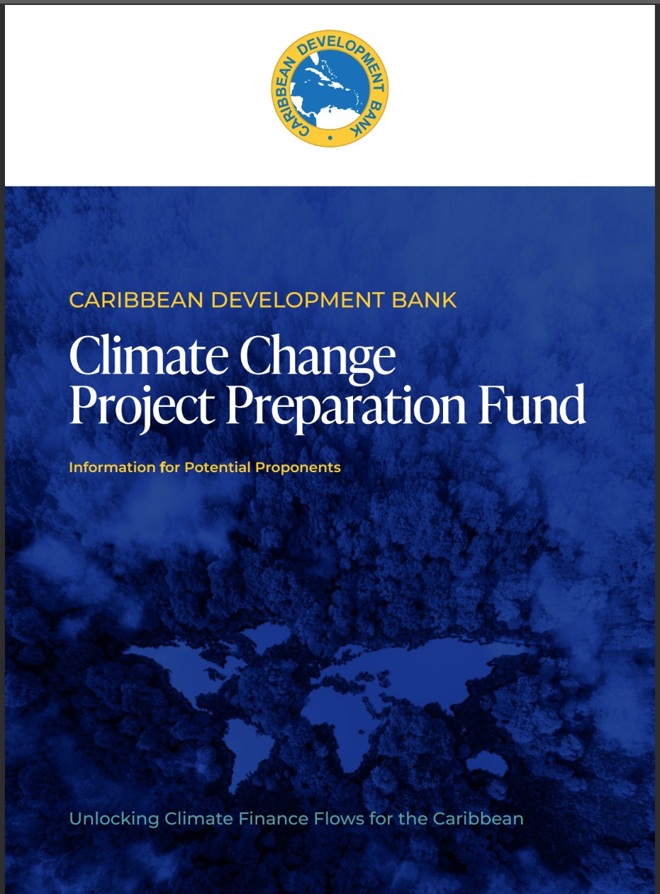 Cover of CDB’s Climate Change Project Preparation Fund guide, featuring the CDB logo, blue aerial forest imagery shaped like the Americas, and title text for potential proponents