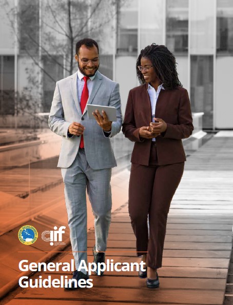 Two professionals, a man in a light grey suit and a red tie and a woman in a brown suit, walk together outdoors while reviewing information on a tablet. The text at the bottom reads 'General Applicant Guidelines,' accompanied by the logos of the Caribbean Development Bank and CIIF