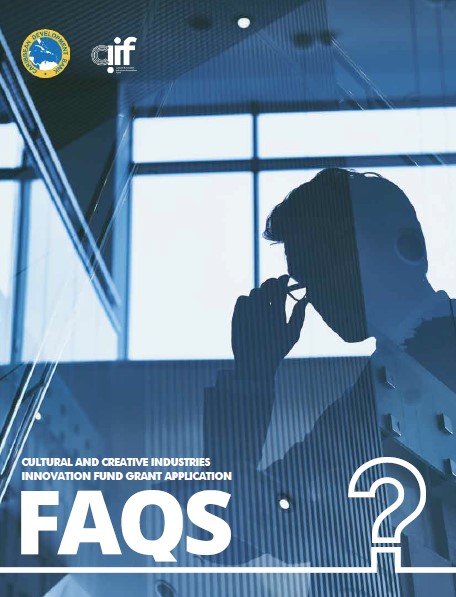A silhouette of a person with glasses, deep in thought, stands against the backdrop of a modern glass building. The text reads 'Cultural and Creative Industries Innovation Fund Grant Application FAQs' with a question mark icon. The logos of the Caribbean Development Bank and CIIF are visible in the top-left corner.