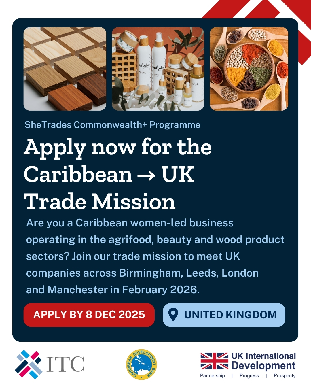 Promotional graphic for SheTrades Commonwealth+ Programme inviting Caribbean women-led beauty businesses to apply for a UK trade mission in February 2026, featuring colorful food images, a QR code, and logos of ITC, Caribbean Development Bank, and UK International Development.
