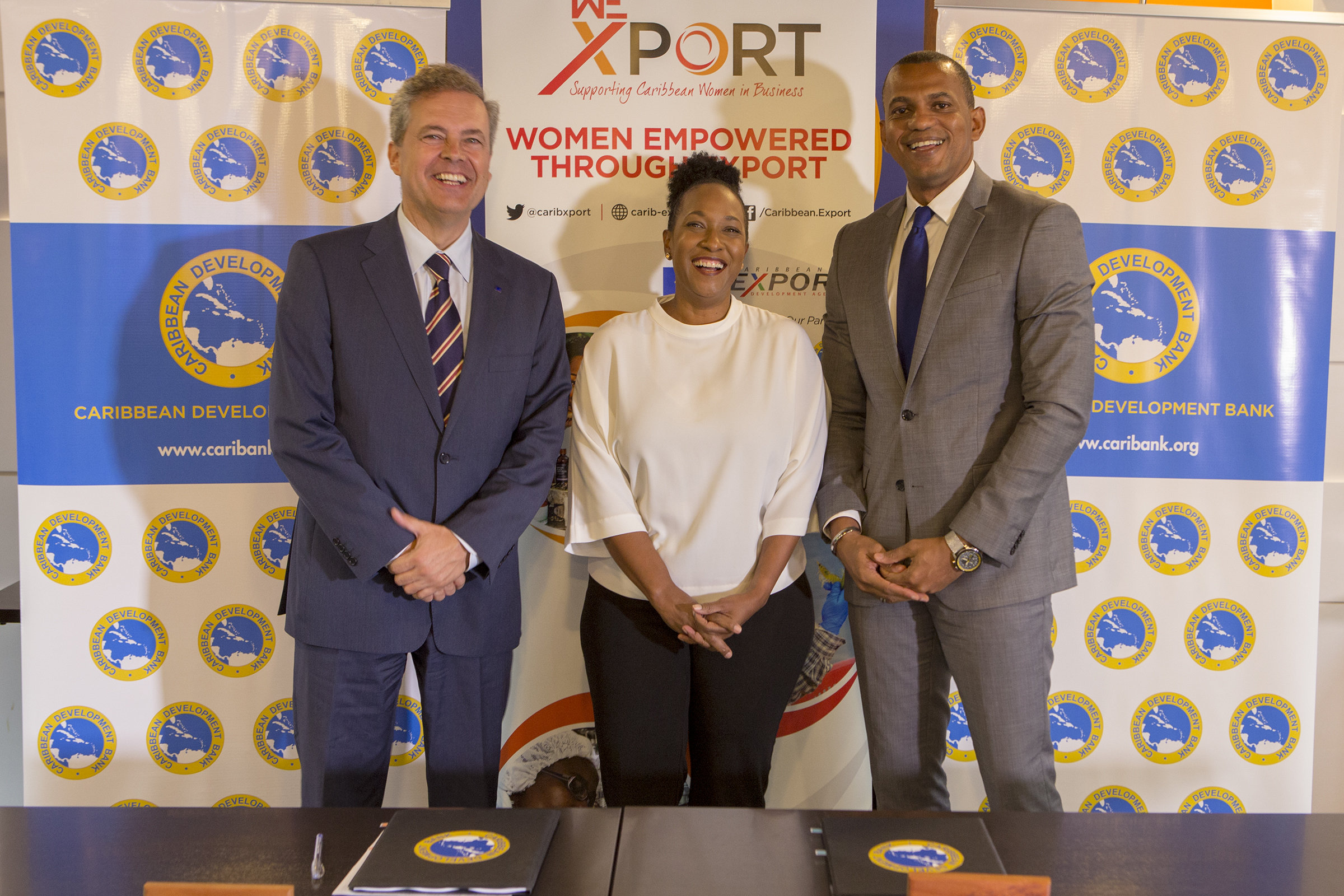 L-R: Luis Maia, Head of Cooperation at the EU Delegation to Barbados, the Eastern Caribbean States, the OECS and CARICOM/CARIFORUM; Pamela Coke Hamilton, Executive Director, Caribbean Export and Daniel Best, Director of Projects, CDB.