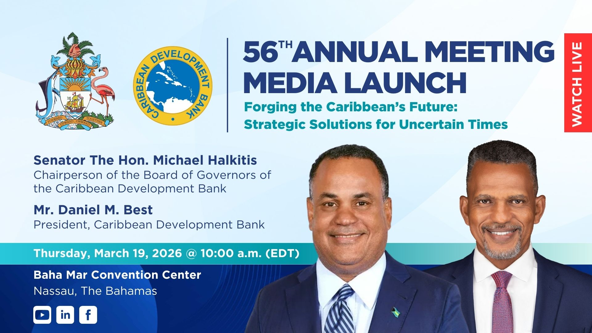 Promotional graphic for the 56th Annual Meeting media launch of the Caribbean Development Bank, featuring two speakers, event details, and organisational logos.
